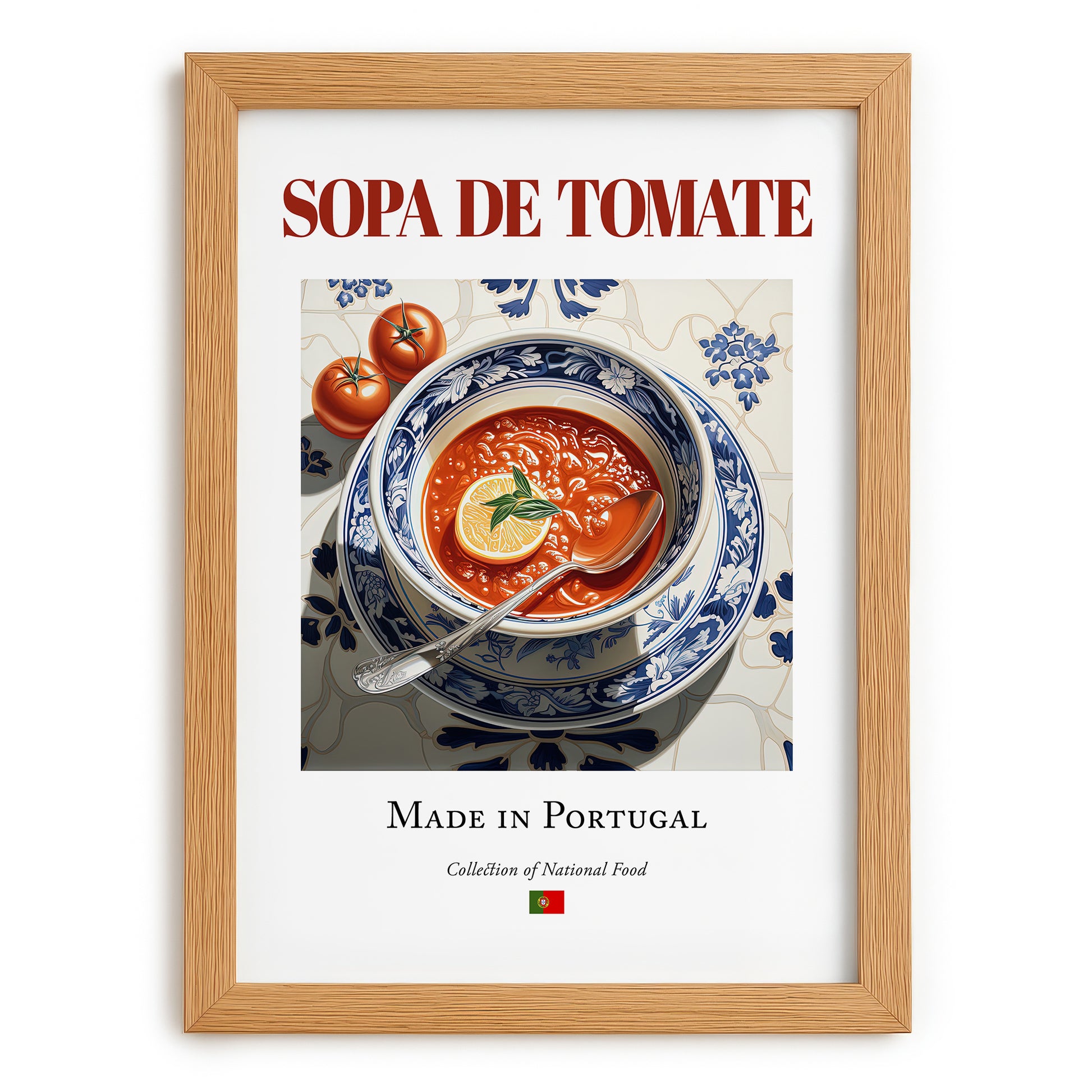Sopa de tomate – Portuguese Soup Dish, Tavern Wall Art, set in oak frame
