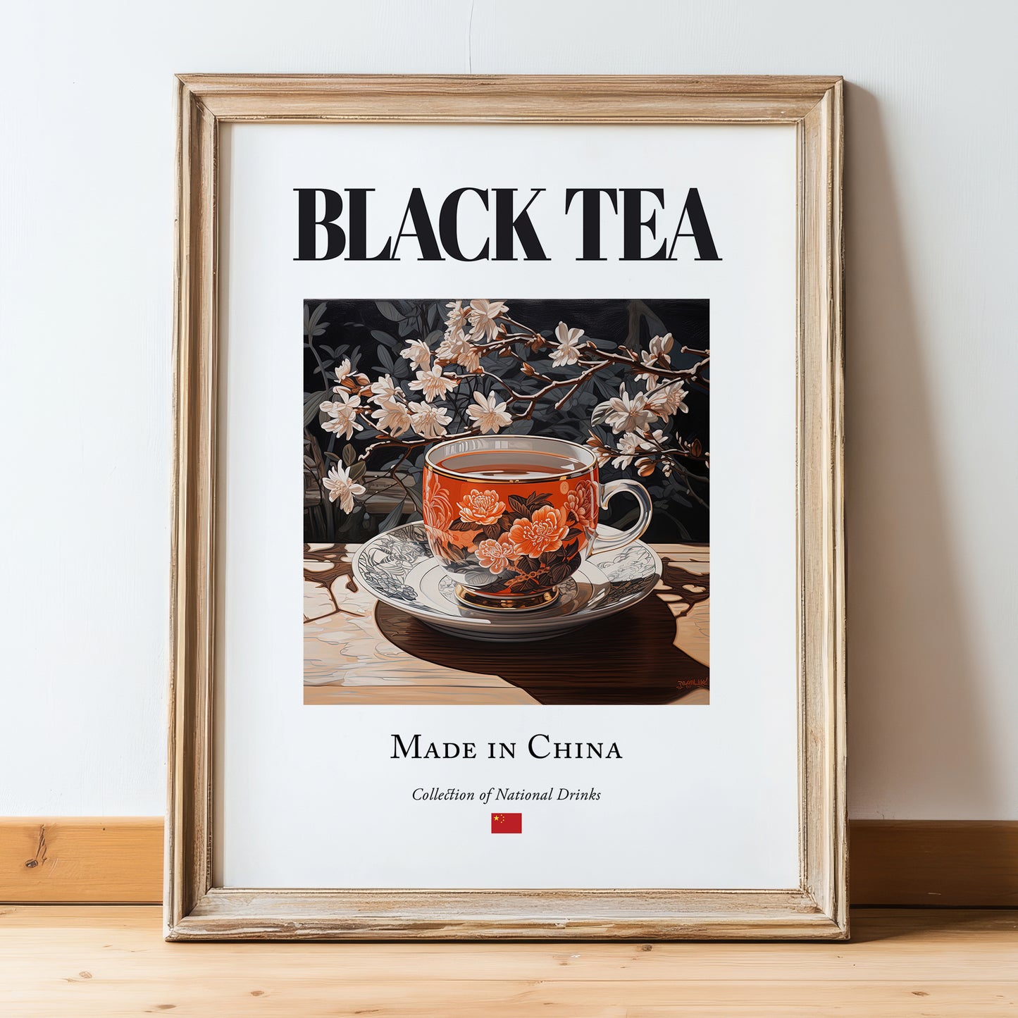 Black Tea – Chinese Tea, Tea Room Wall Decor, in wooden frame leaning on the floor