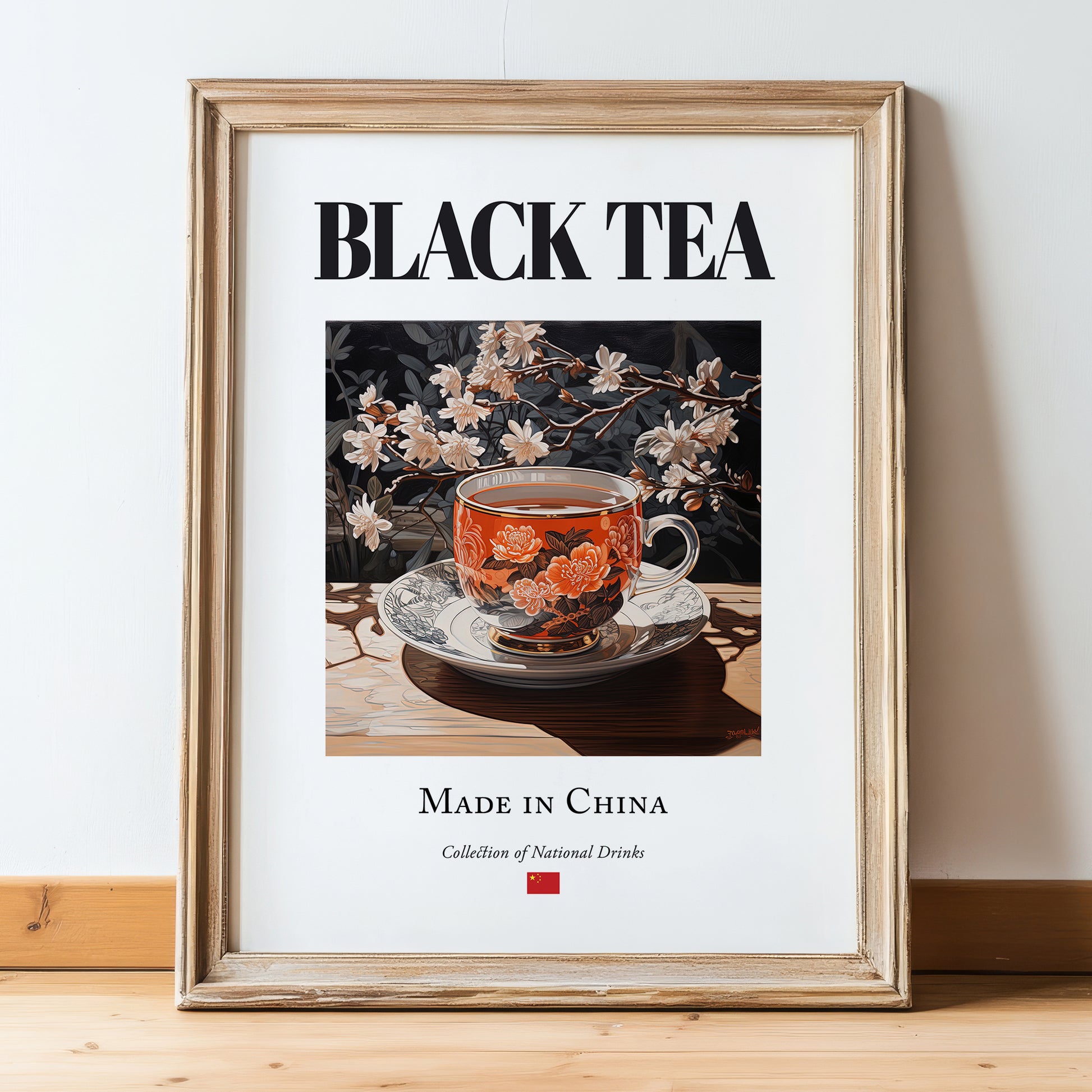 Black Tea – Chinese Tea, Tea Room Wall Decor, in wooden frame leaning on the floor