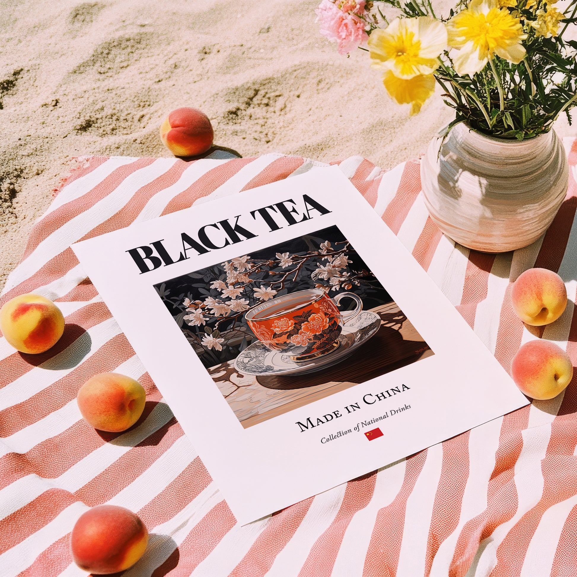 Black Tea – Chinese Tea, Tea Room Wall Decor, unframed on coastal sand