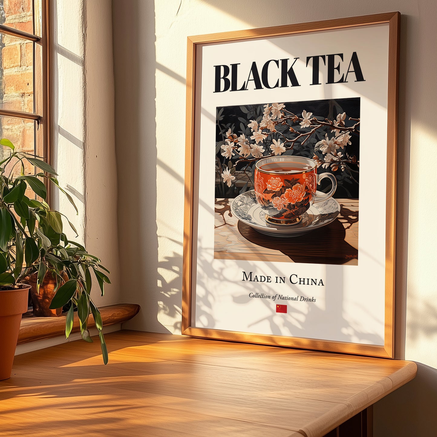 Black Tea – Chinese Tea, Tea Room Wall Decor, no-text version framed in wood