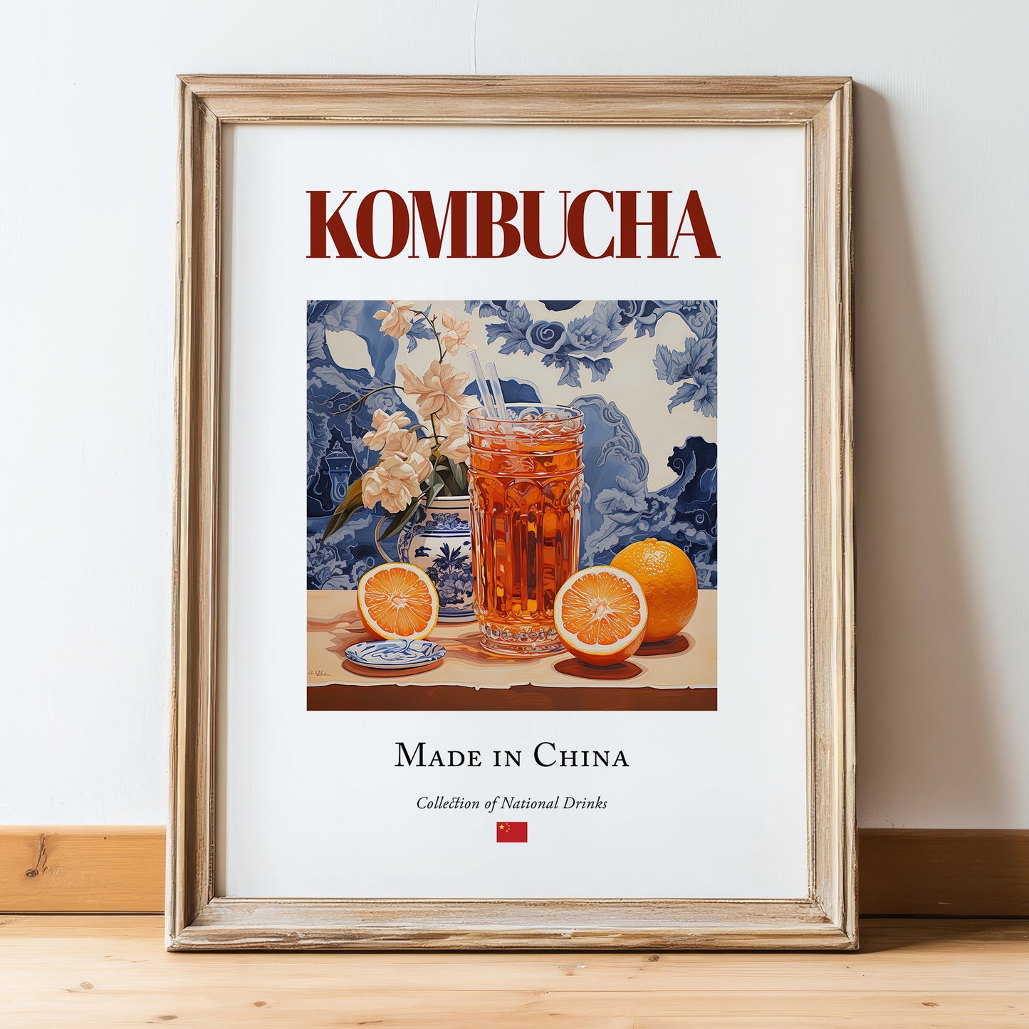 Kombucha – Chinese Beverage Drink, Hotel Lobby Poster, in wooden frame leaning on the floor