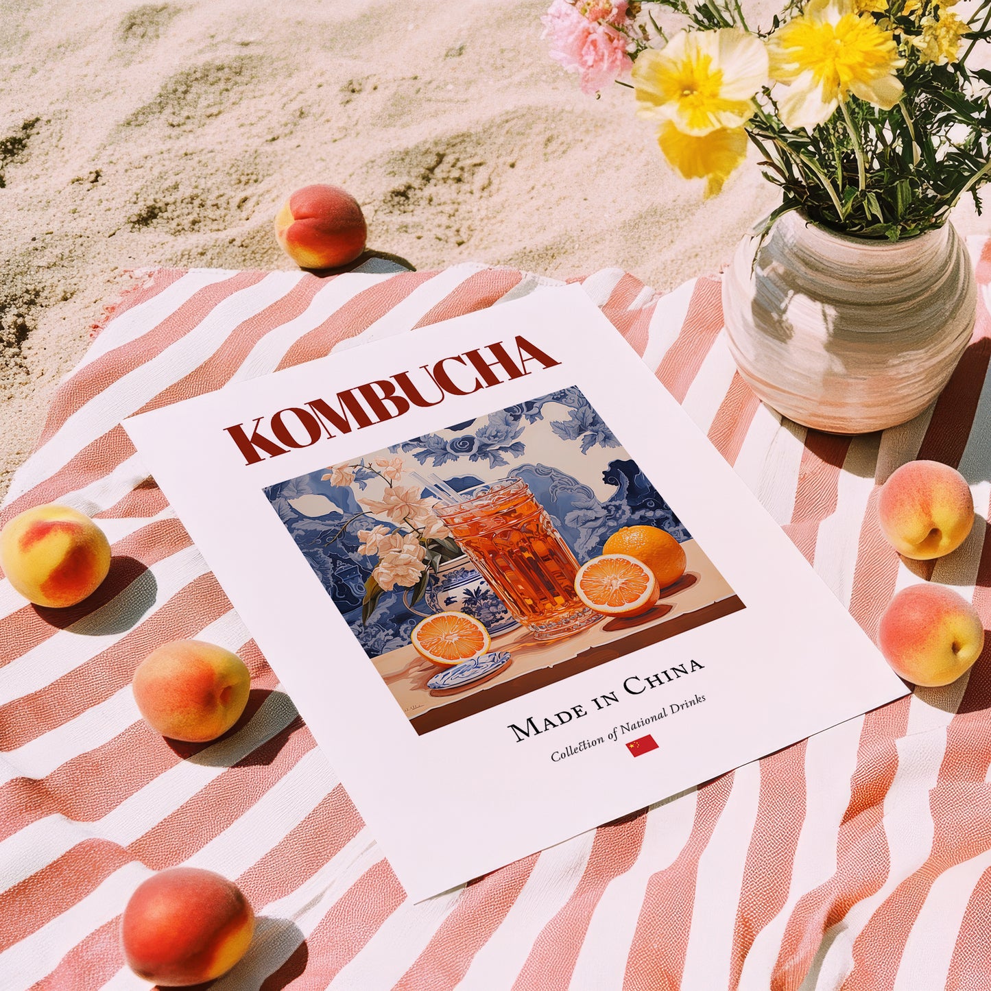 Kombucha – Chinese Beverage Drink, Hotel Lobby Poster, unframed on coastal sand