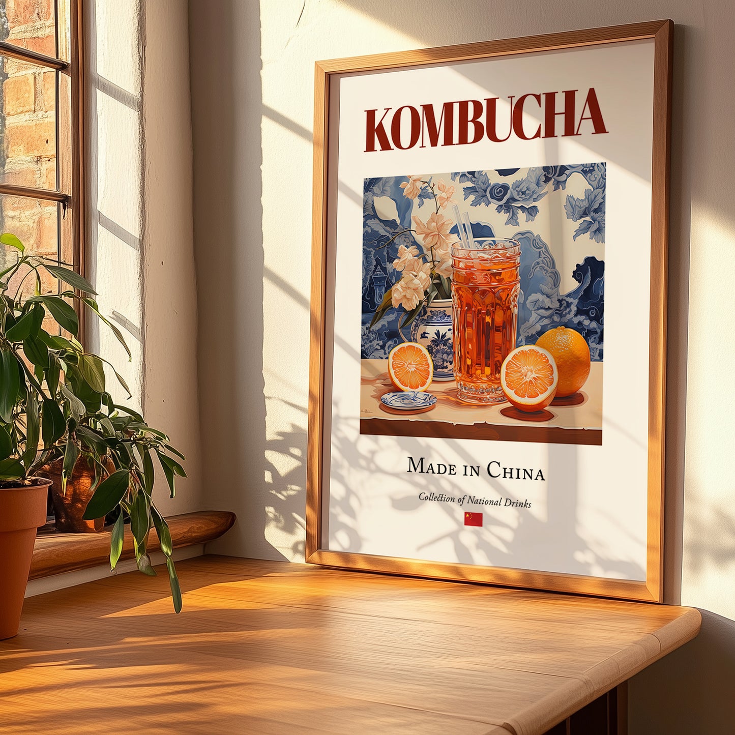 Kombucha – Chinese Beverage Drink, Hotel Lobby Poster, no-text version framed in wood