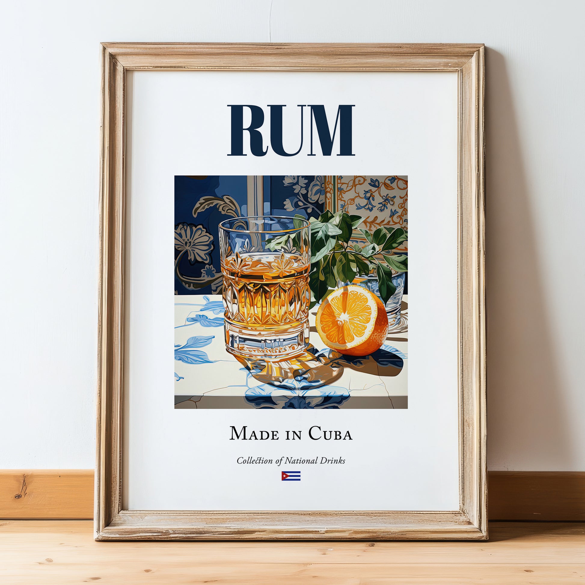 Rum – Cuban Spirit Drink, Rooftop Terrace Wall Decor, in wooden frame leaning on the floor