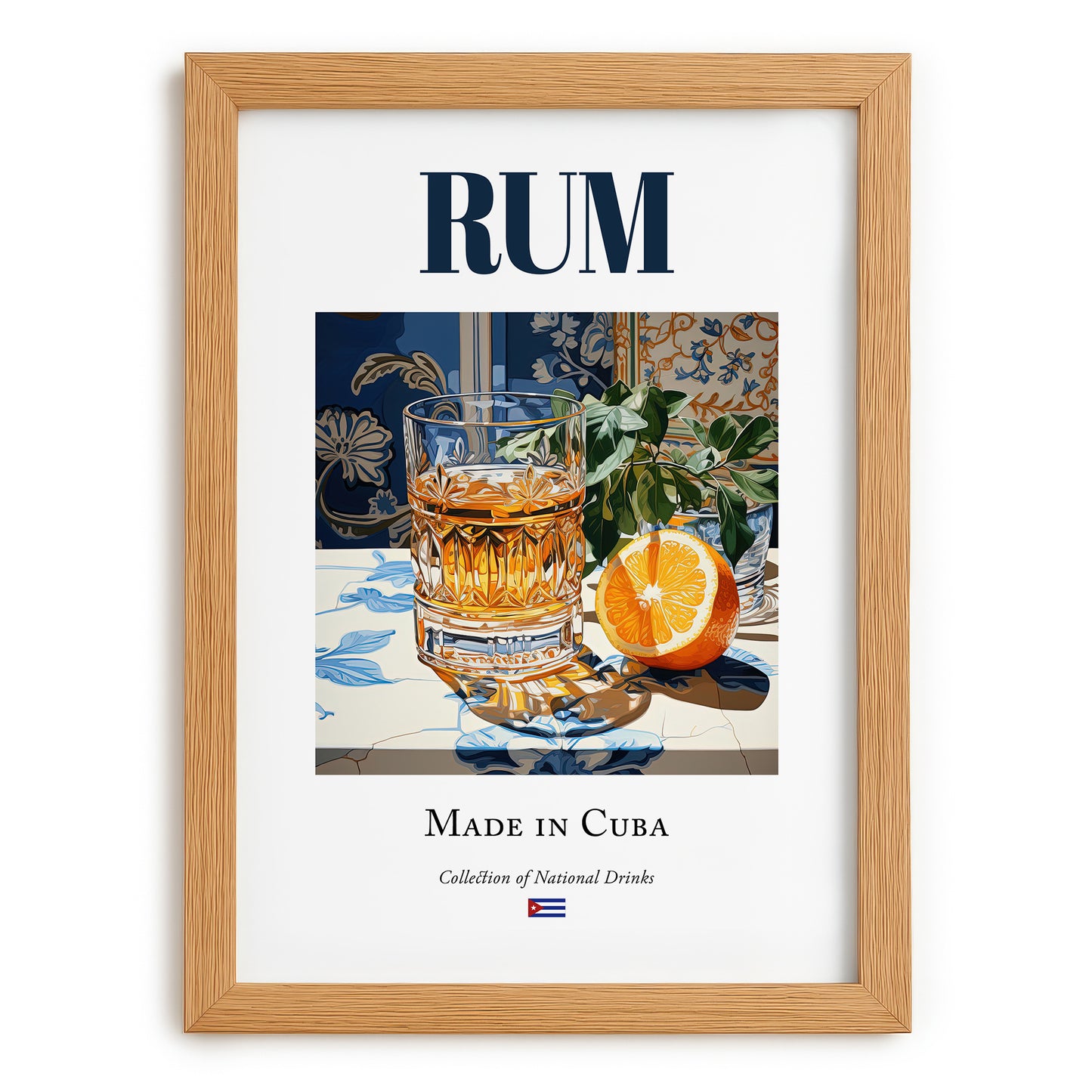 Rum – Cuban Spirit Drink, Rooftop Terrace Wall Decor, set in oak frame