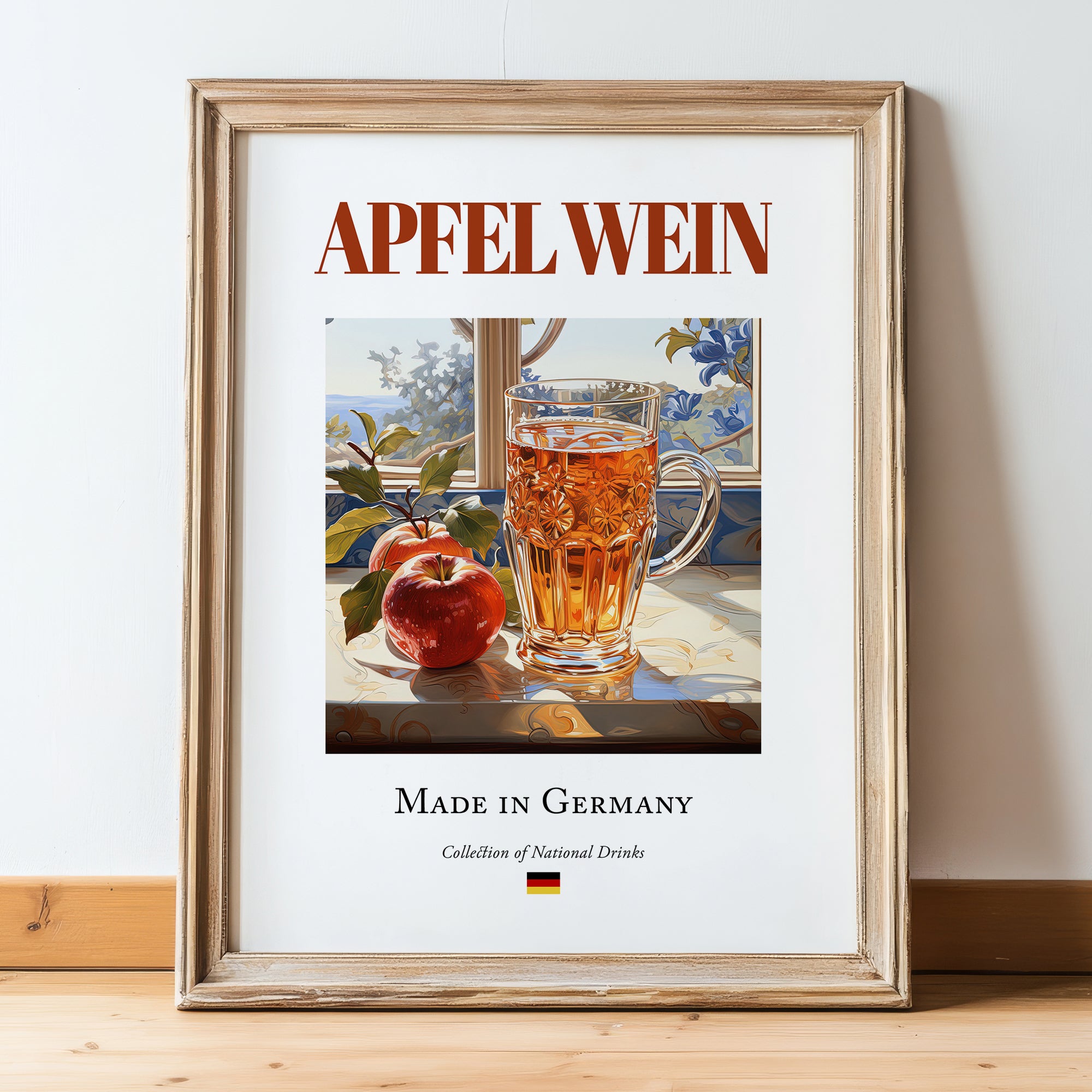 Apfelwein – German Cider Cider, Cider House Poster, in wooden frame leaning on the floor