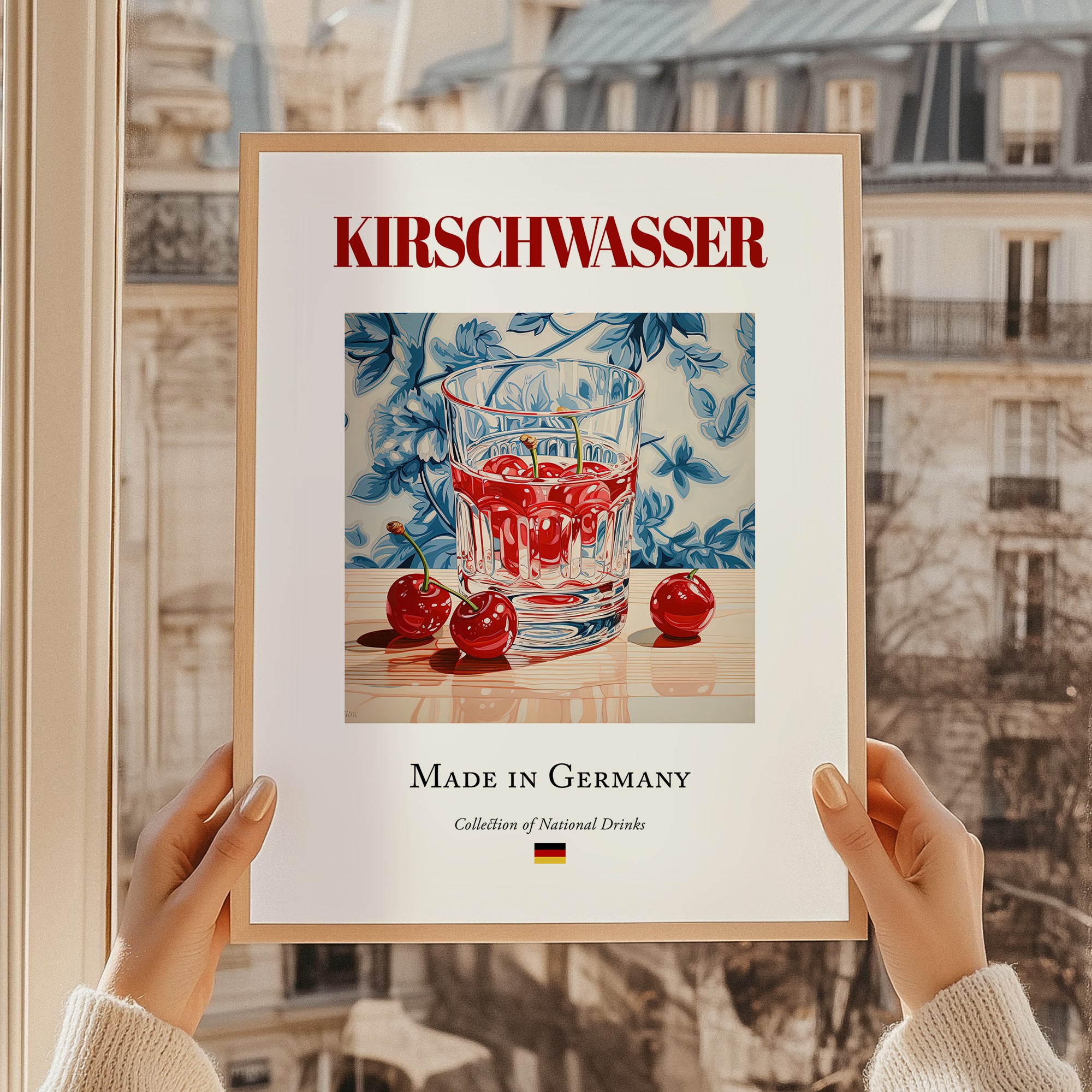 Kirschwasser – German Spirit Drink, Sky Bar Poster, styled in a charming Paris street view