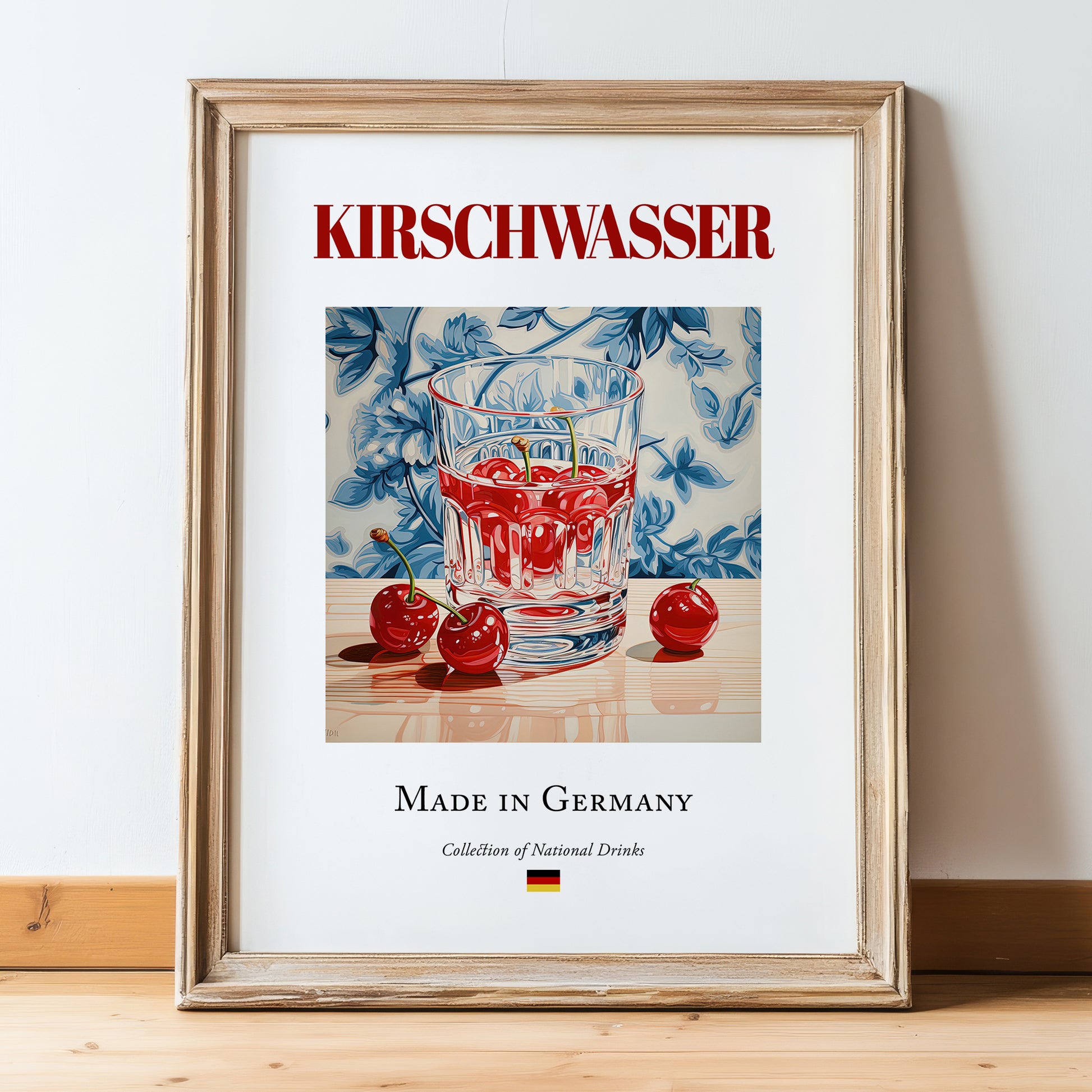 Kirschwasser – German Spirit Drink, Sky Bar Poster, in wooden frame leaning on the floor