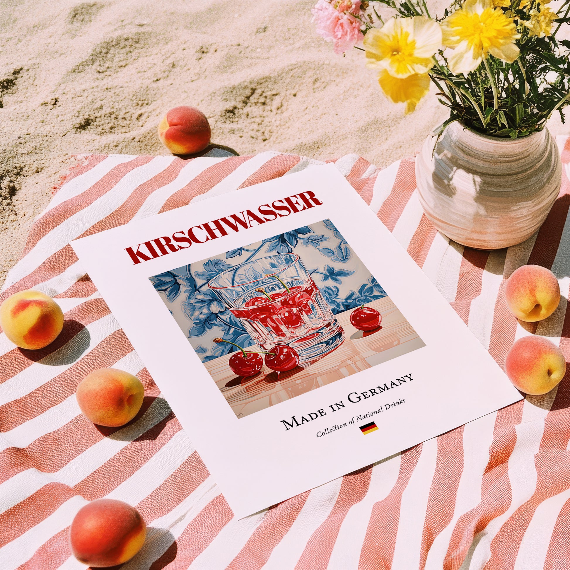 Kirschwasser – German Spirit Drink, Sky Bar Poster, unframed on coastal sand