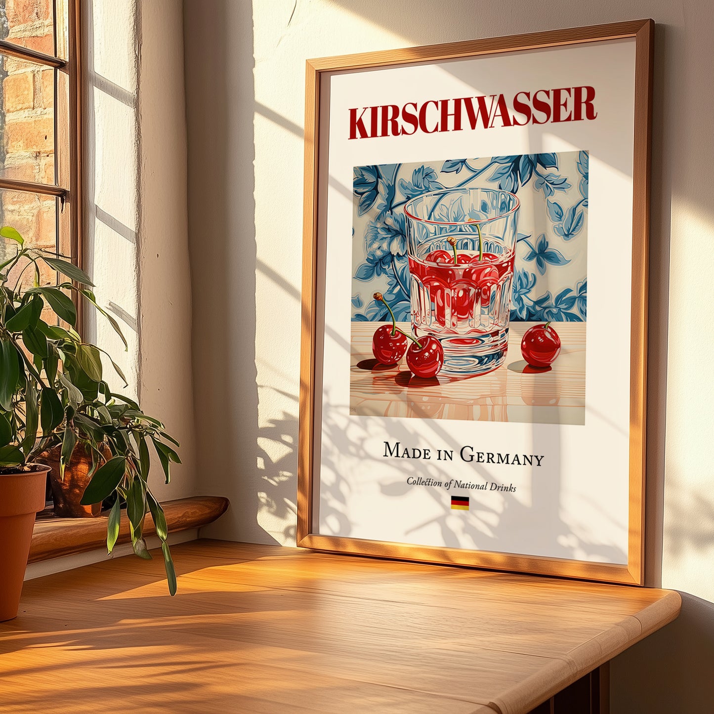 Kirschwasser – German Spirit Drink, Sky Bar Poster, no-text version framed in wood