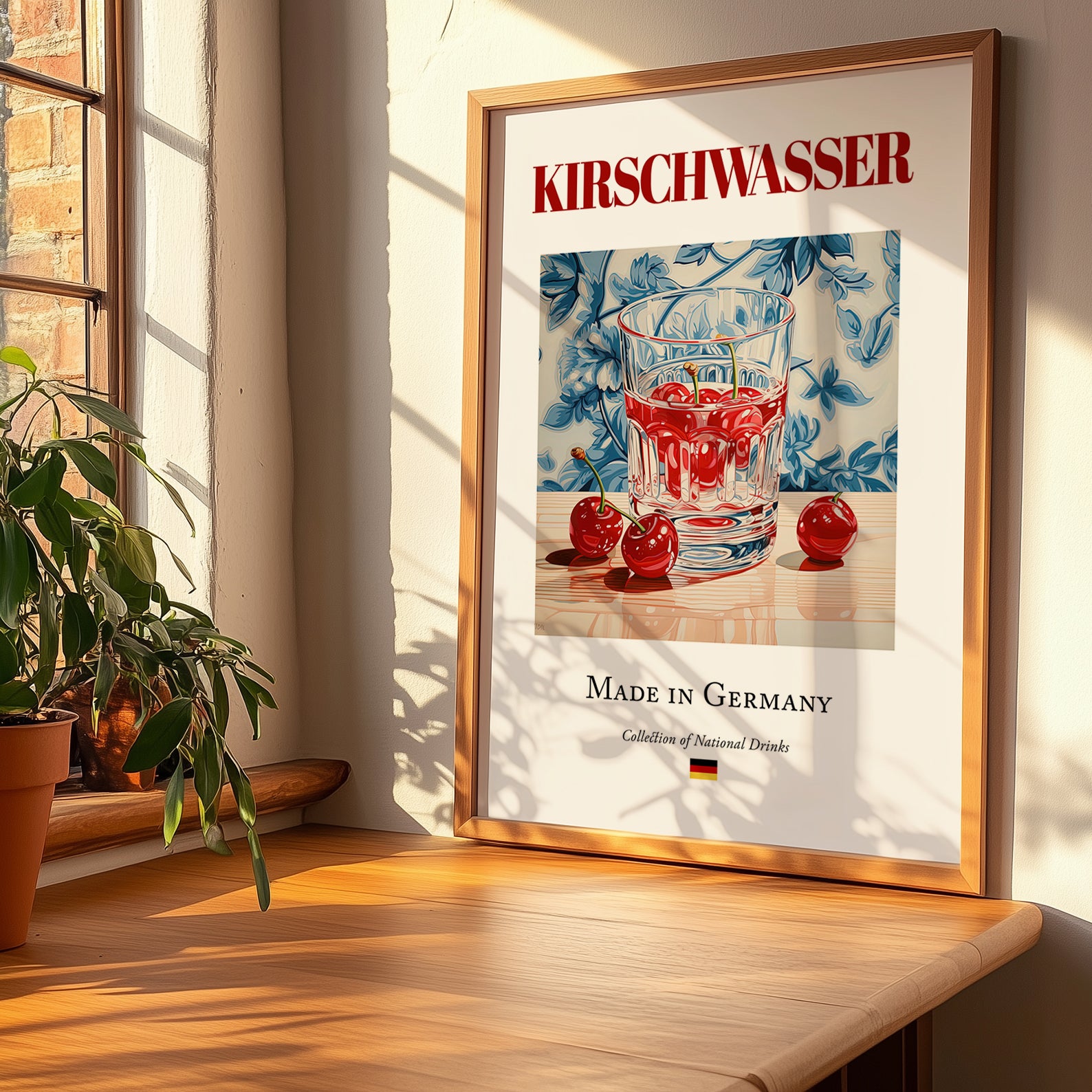 Kirschwasser – German Spirit Drink, Sky Bar Poster, no-text version framed in wood
