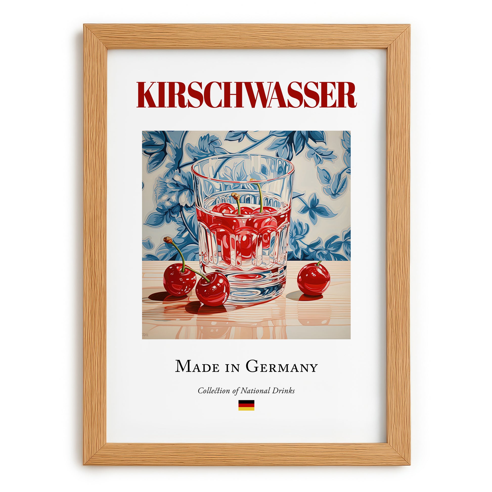 Kirschwasser – German Spirit Drink, Sky Bar Poster, set in oak frame