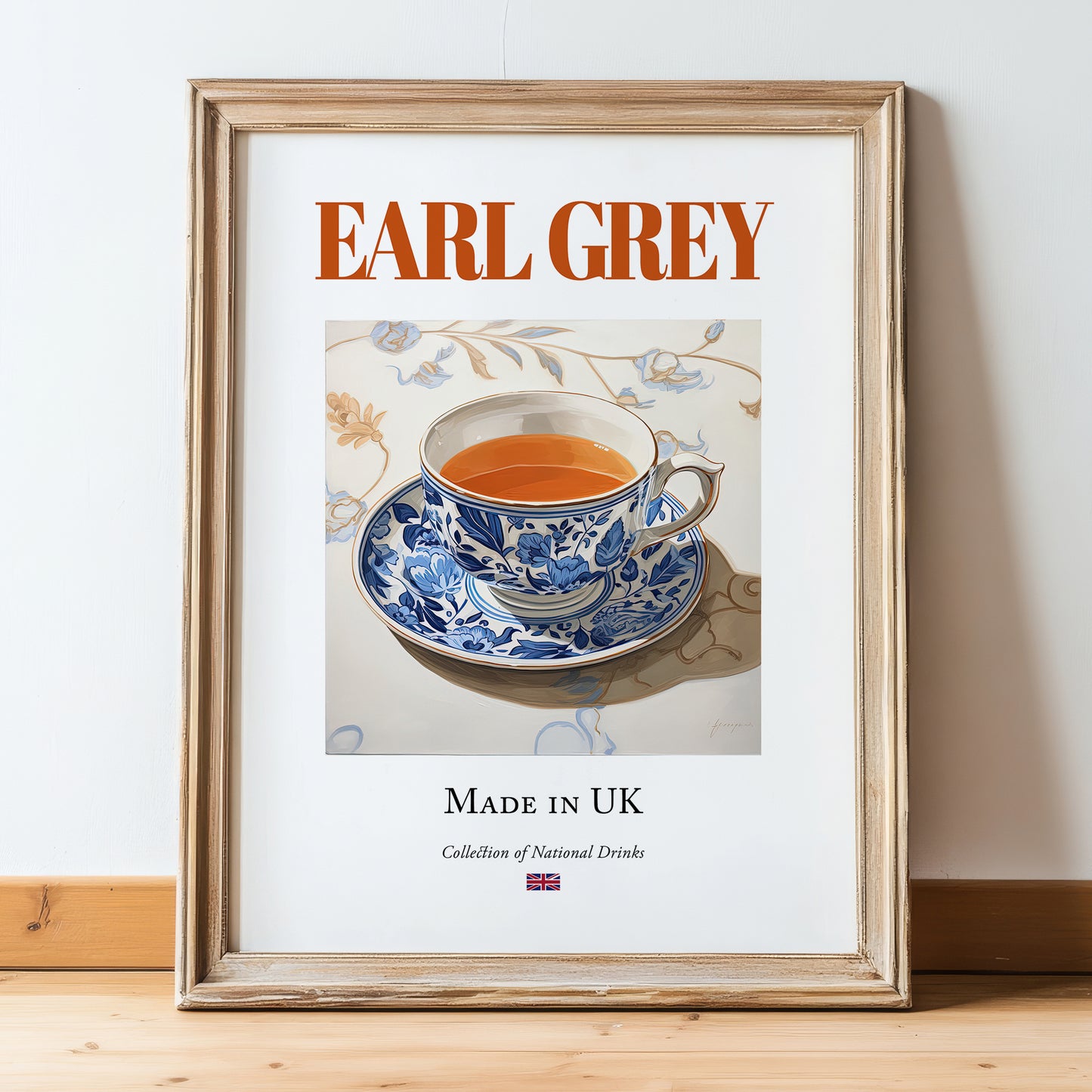 Earl Grey – English Tea, Tea Room Poster, in wooden frame leaning on the floor