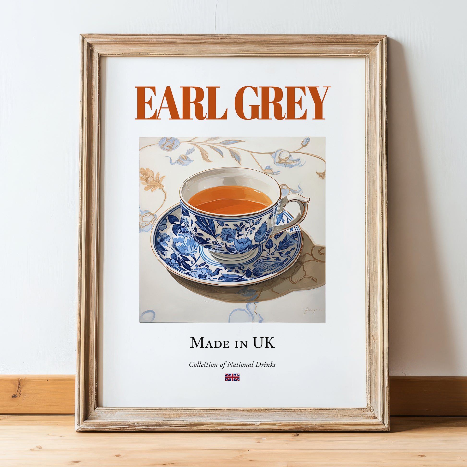 Earl Grey – English Tea, Tea Room Poster, in wooden frame leaning on the floor
