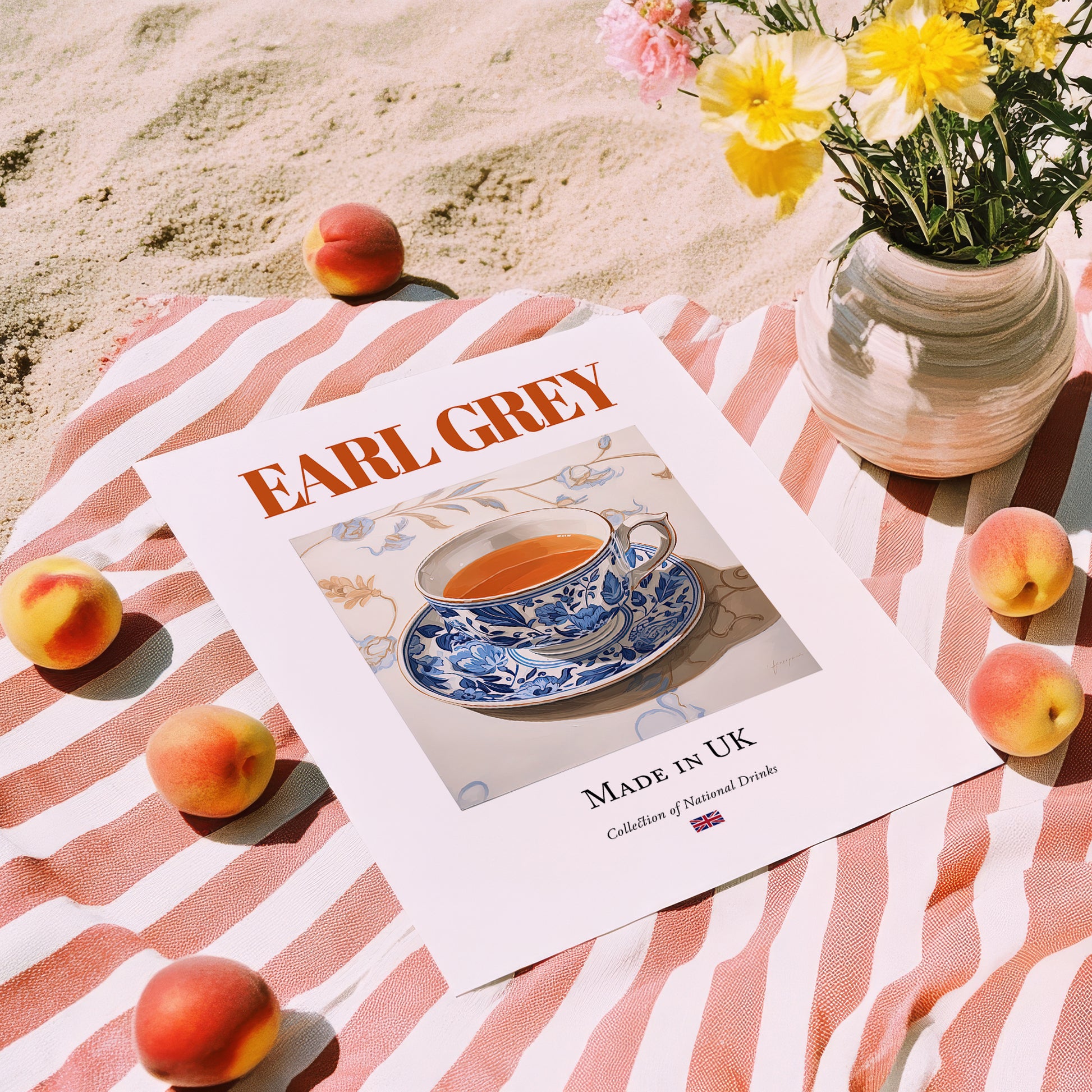 Earl Grey – English Tea, Tea Room Poster, unframed on coastal sand
