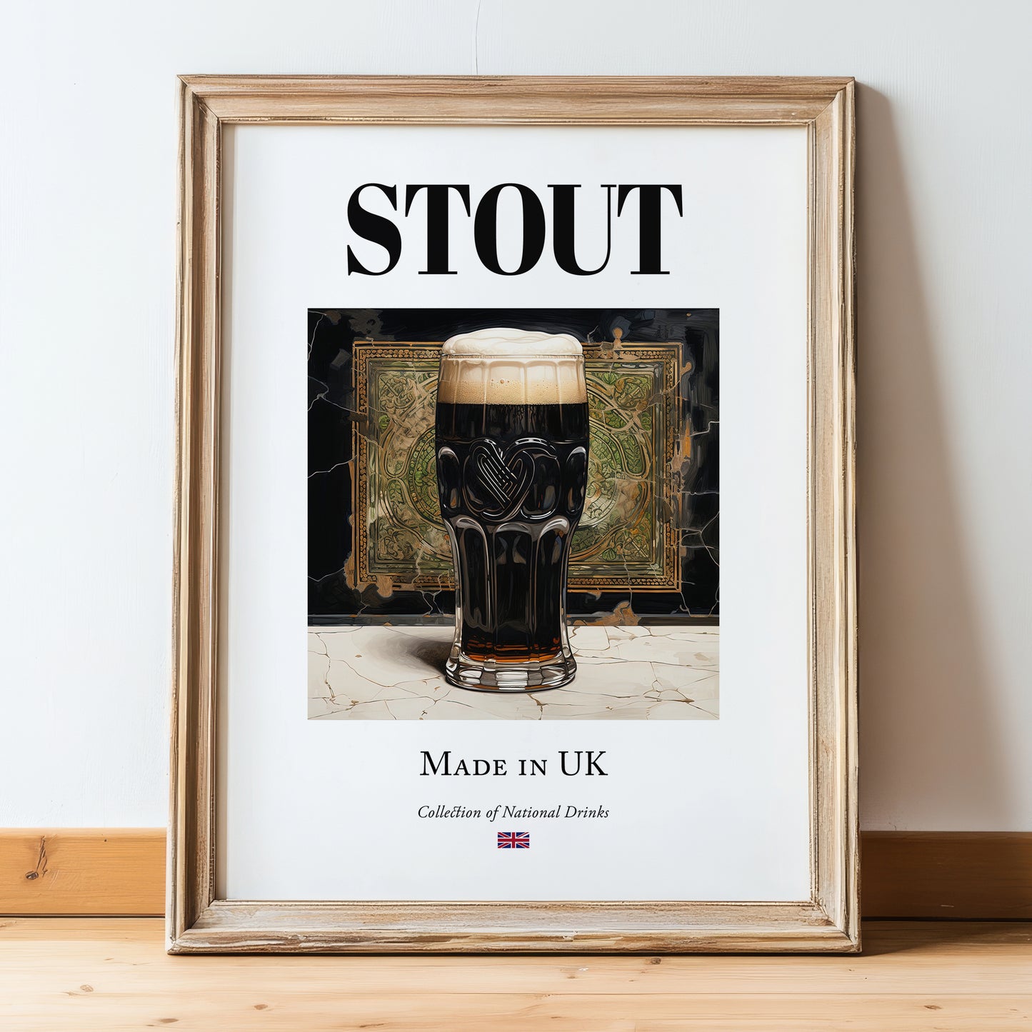 Stout – English Beer, Sports Bar Poster, in wooden frame leaning on the floor