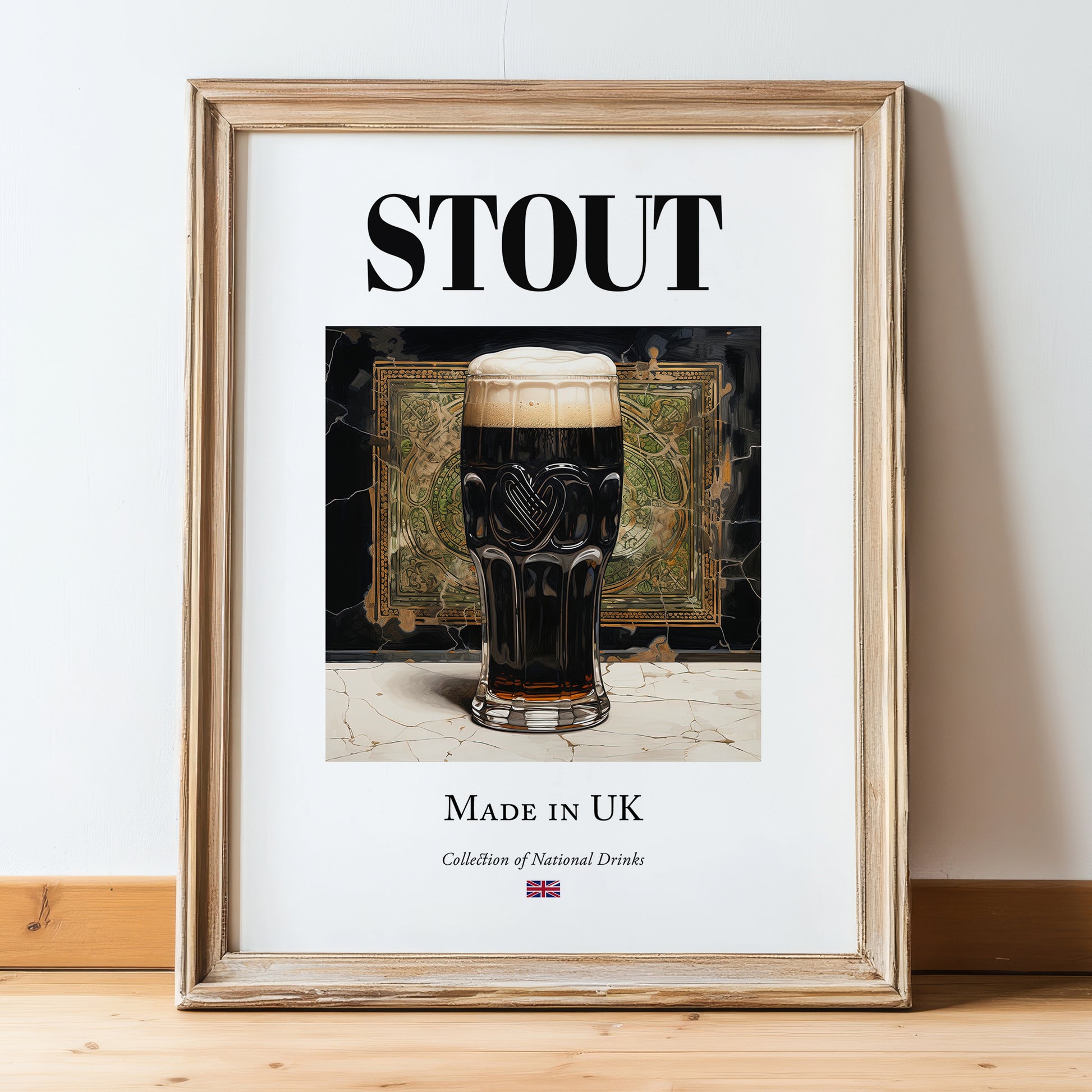 Stout – English Beer, Sports Bar Poster, in wooden frame leaning on the floor