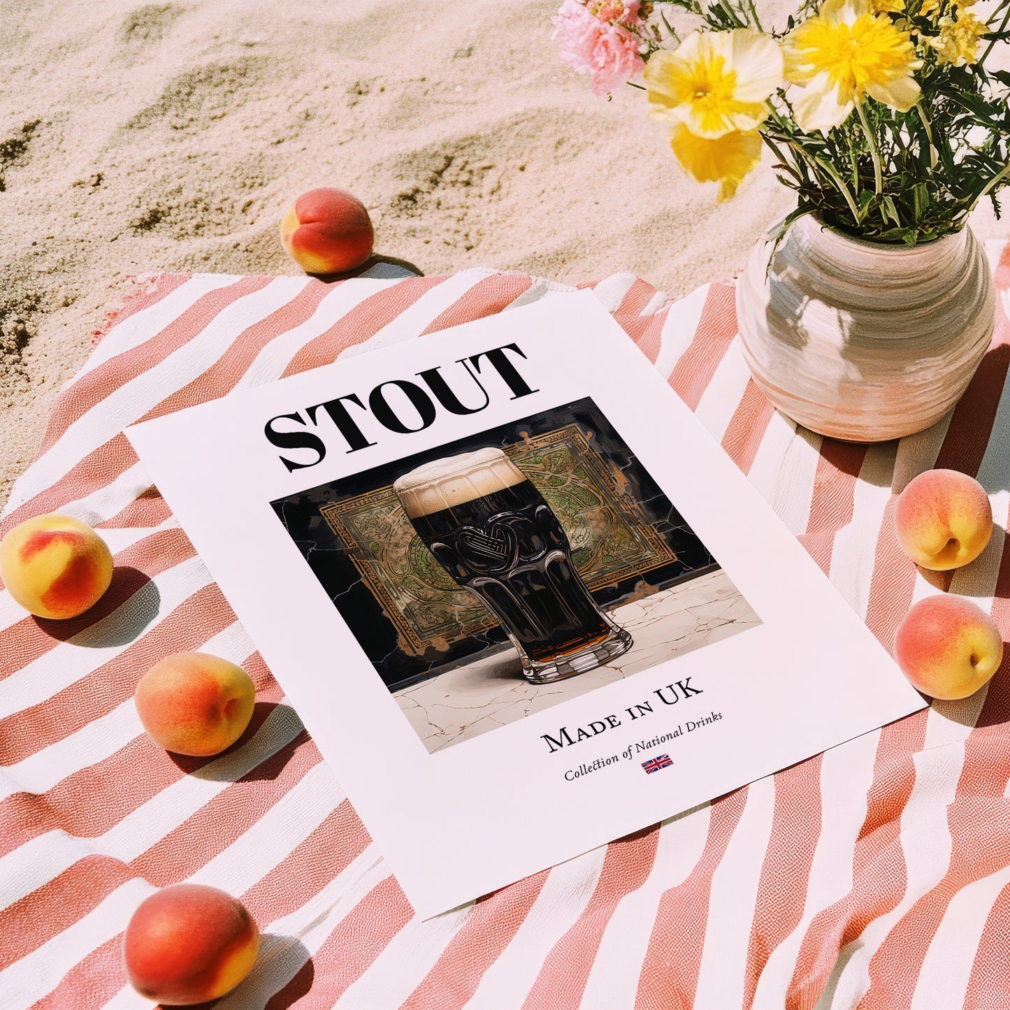 Stout – English Beer, Sports Bar Poster, unframed on coastal sand