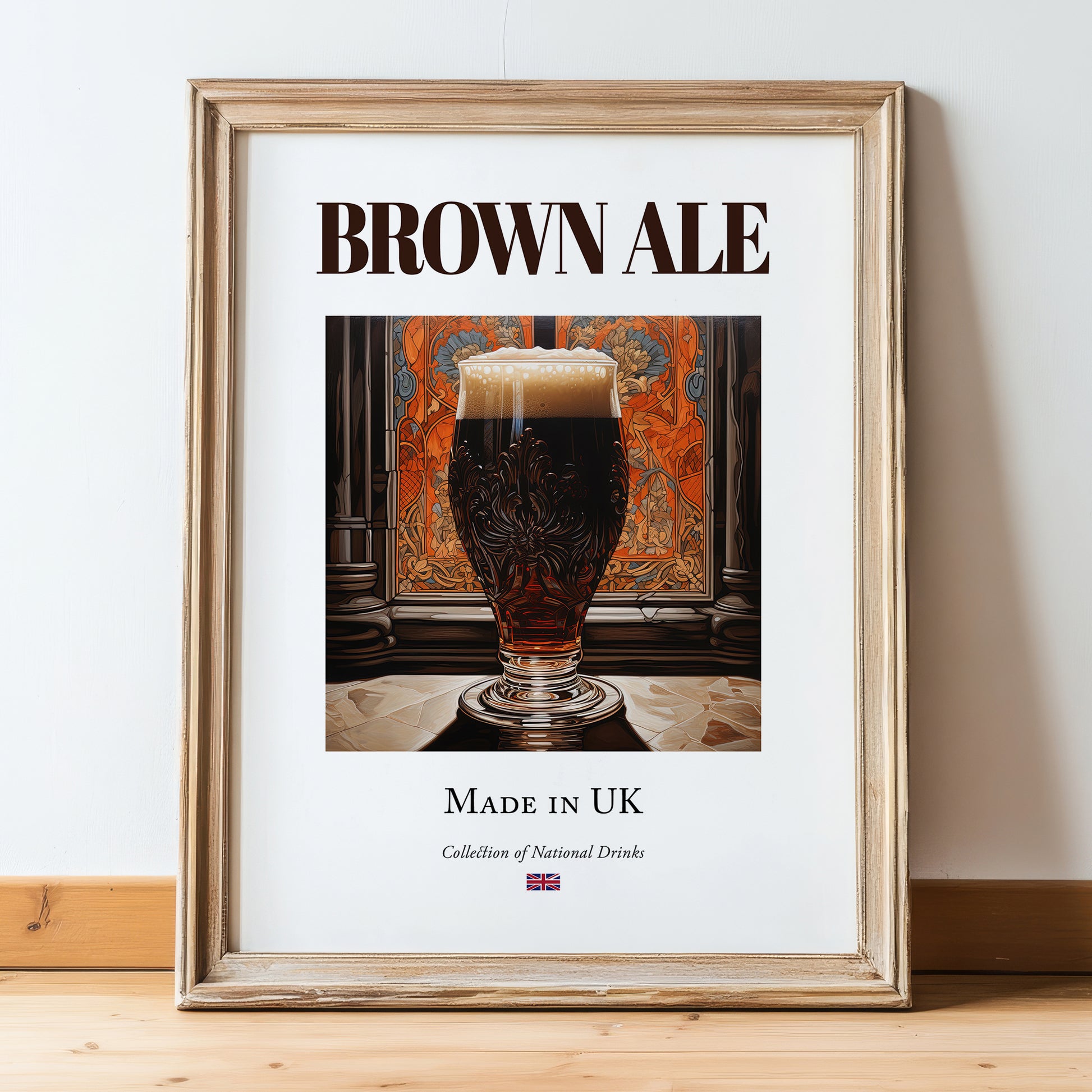 Brown Ale – English Beer, Gastropub Still Life, in wooden frame leaning on the floor