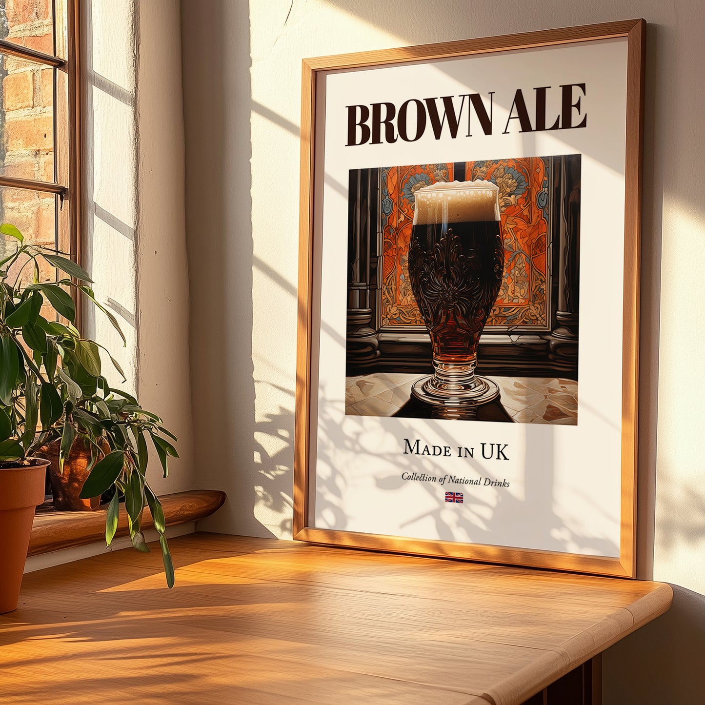 Brown Ale – English Beer, Gastropub Still Life, no-text version framed in wood
