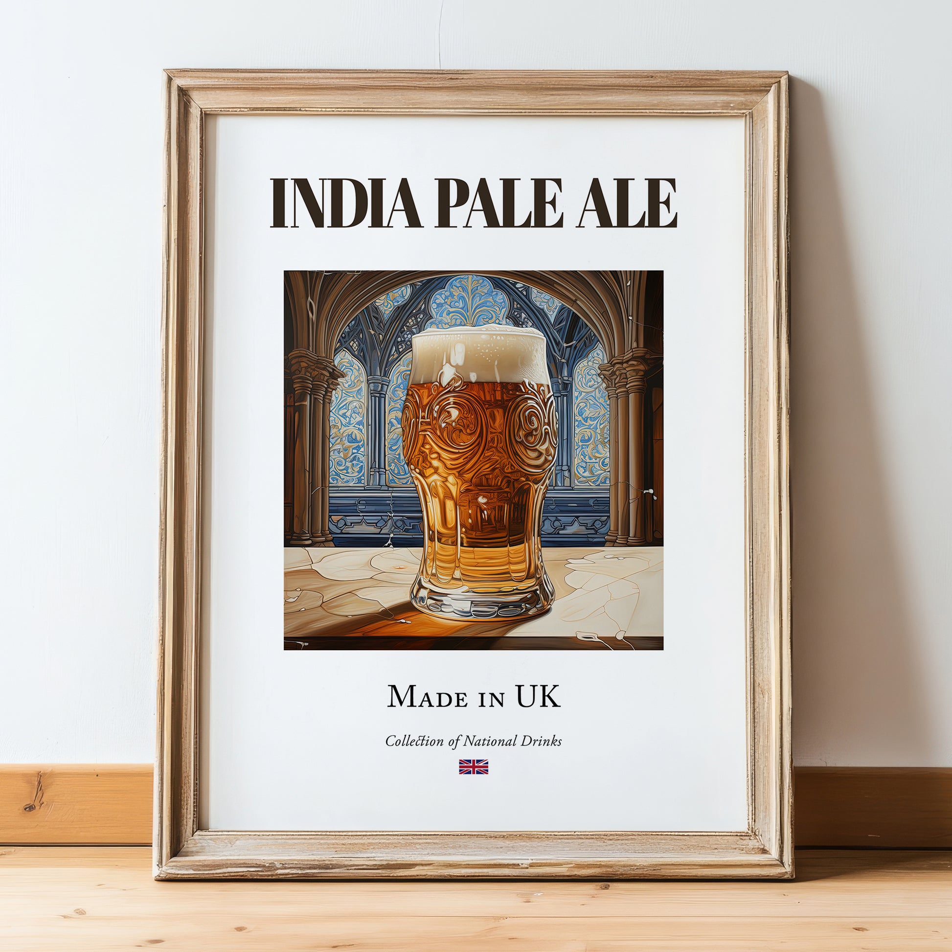 India Pale Ale – English Beer, Taproom Print, in wooden frame leaning on the floor
