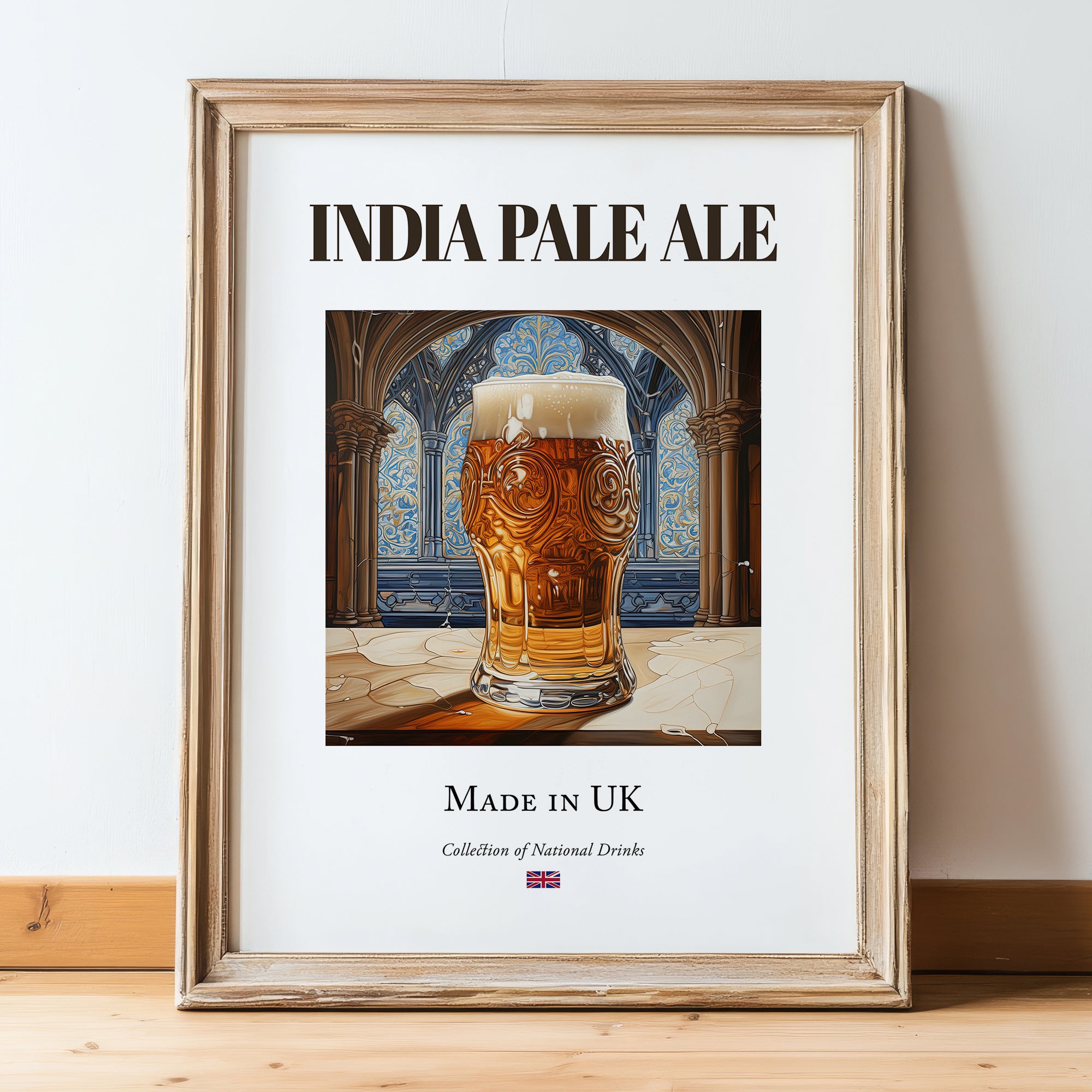India Pale Ale – English Beer, Taproom Print, in wooden frame leaning on the floor