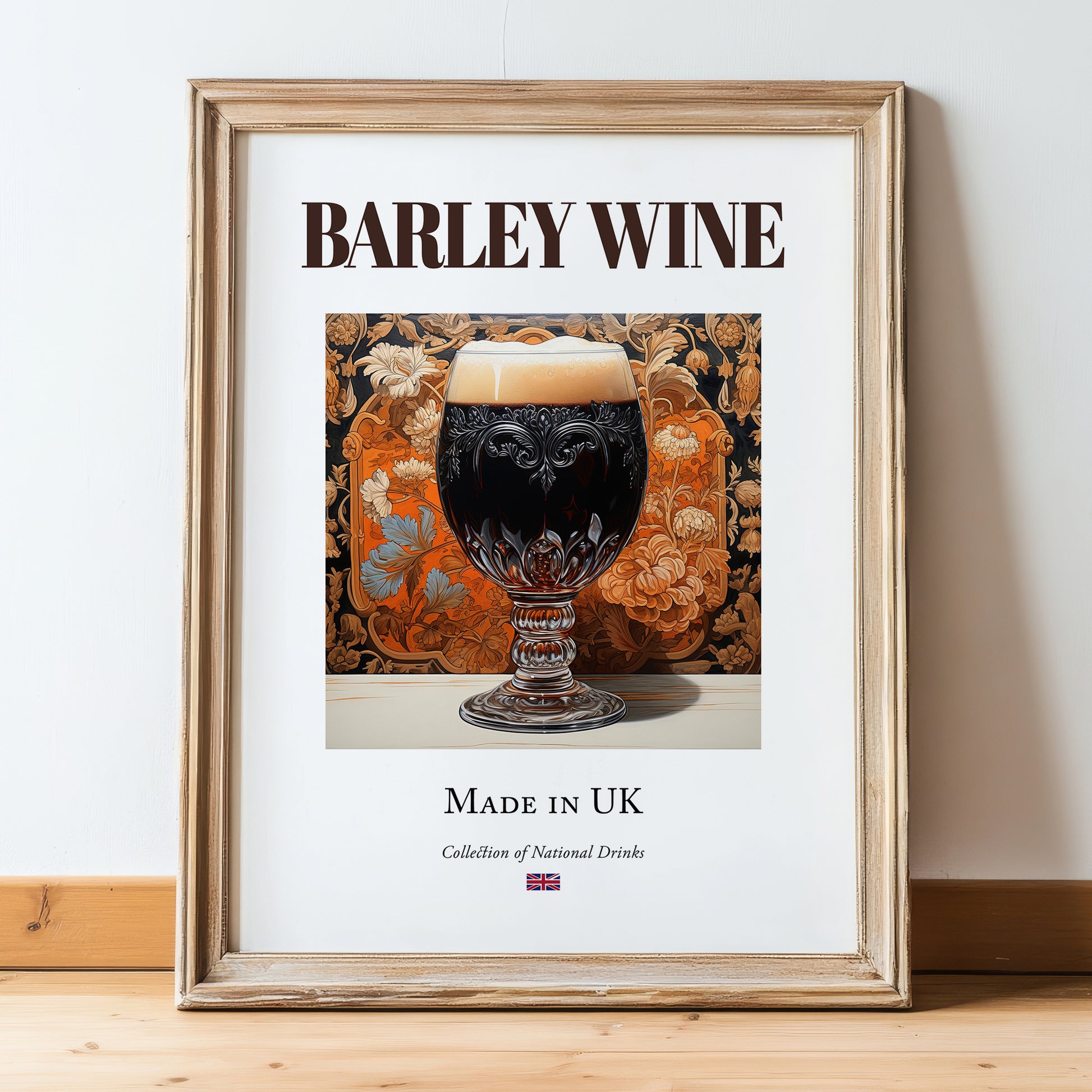 Barley Wine – English Beer, Sports Bar Poster, in wooden frame leaning on the floor