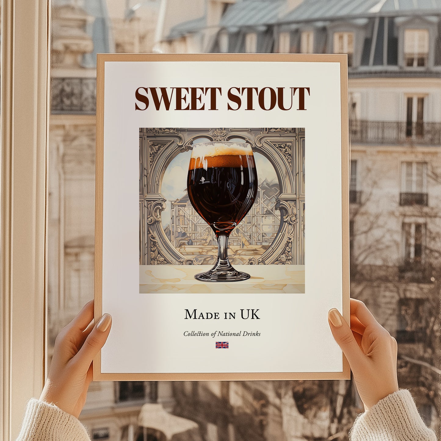 Sweet Stout – English Beer, Gastropub Print, styled in a charming Paris street view