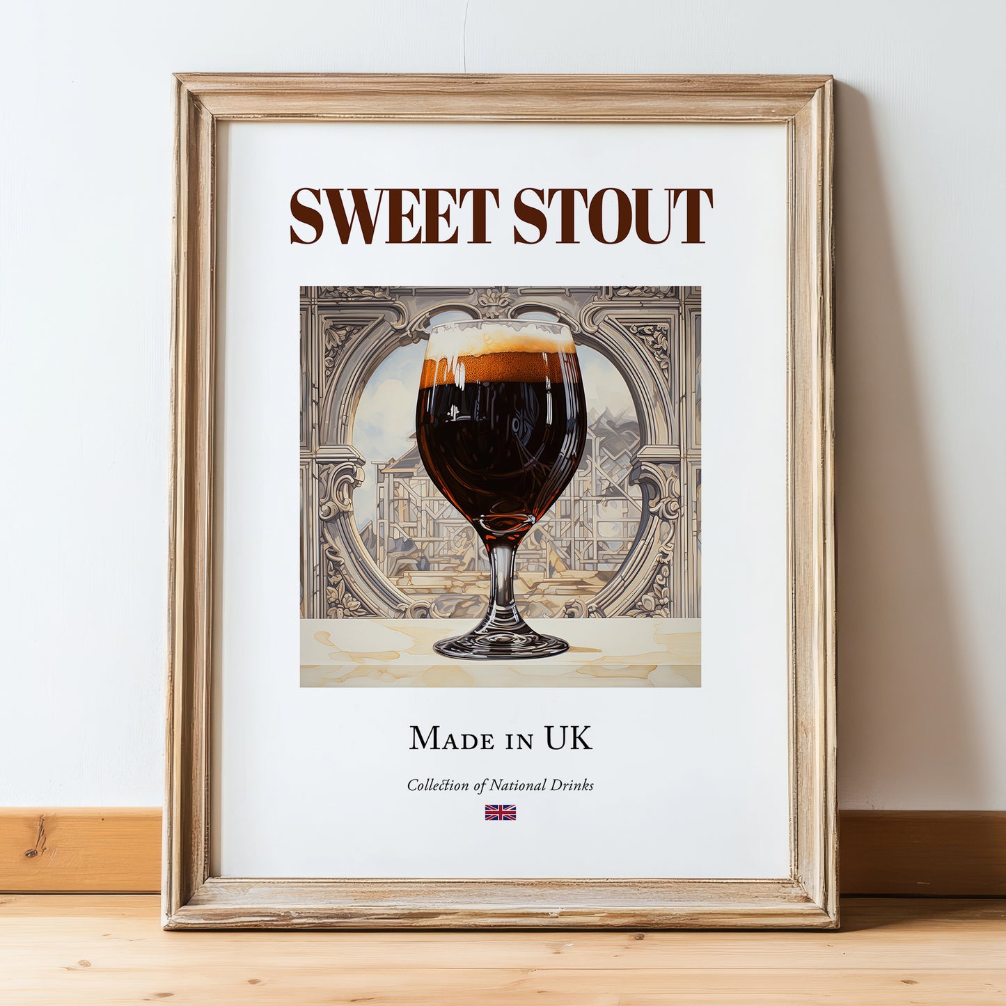 Sweet Stout – English Beer, Gastropub Print, in wooden frame leaning on the floor