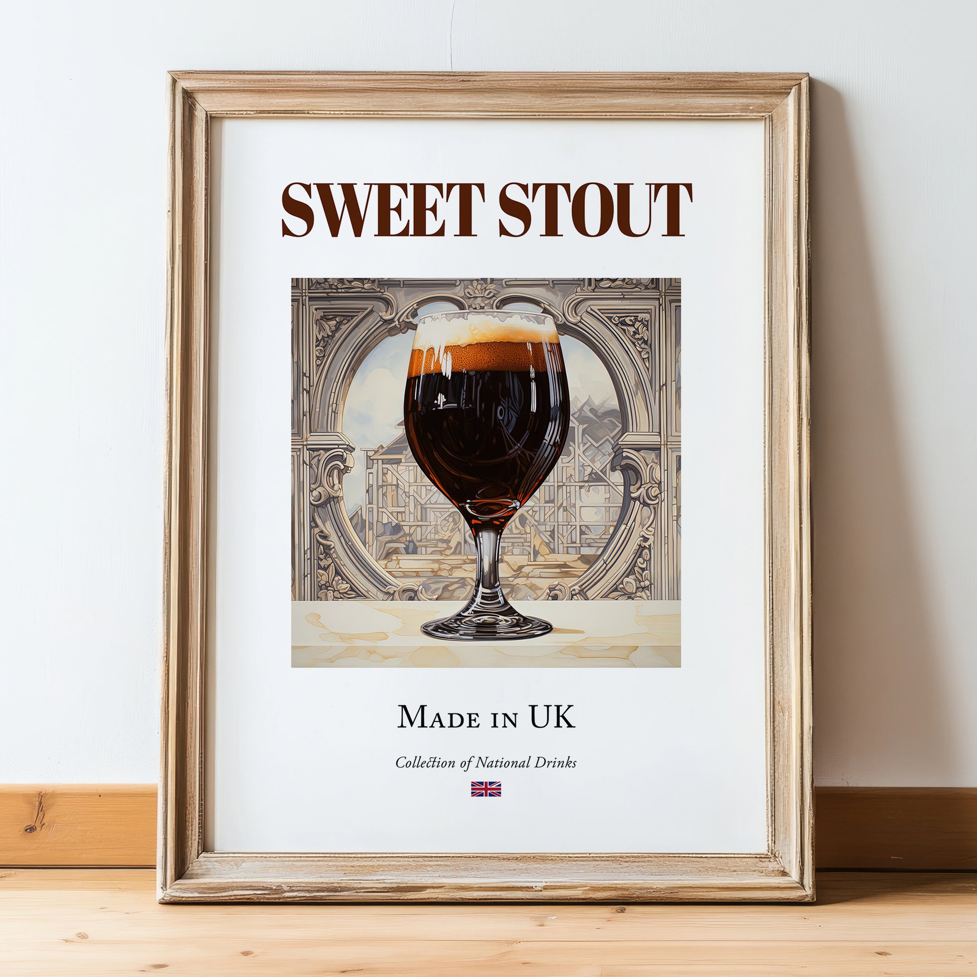 Sweet Stout – English Beer, Gastropub Print, in wooden frame leaning on the floor