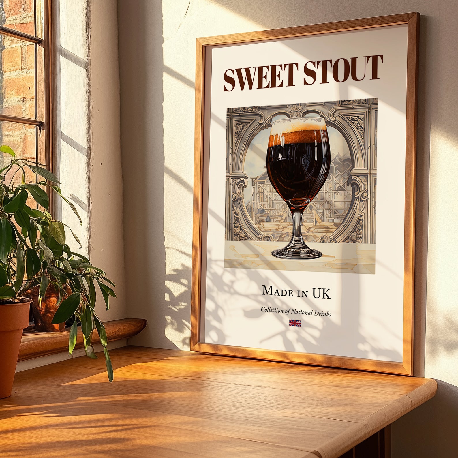 Sweet Stout – English Beer, Gastropub Print, no-text version framed in wood