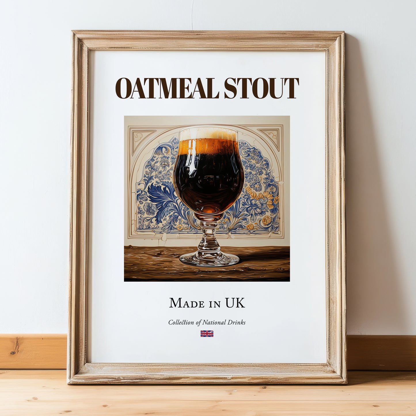 Oatmeal Stout – English Beer, Brauhaus Art, in wooden frame leaning on the floor