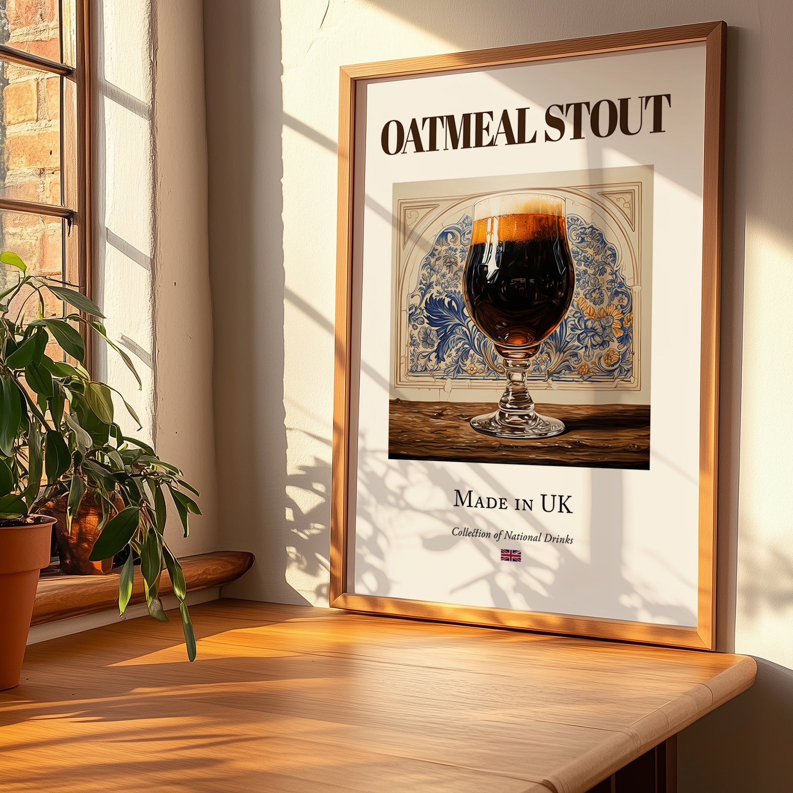 Oatmeal Stout – English Beer, Brauhaus Art, no-text version framed in wood