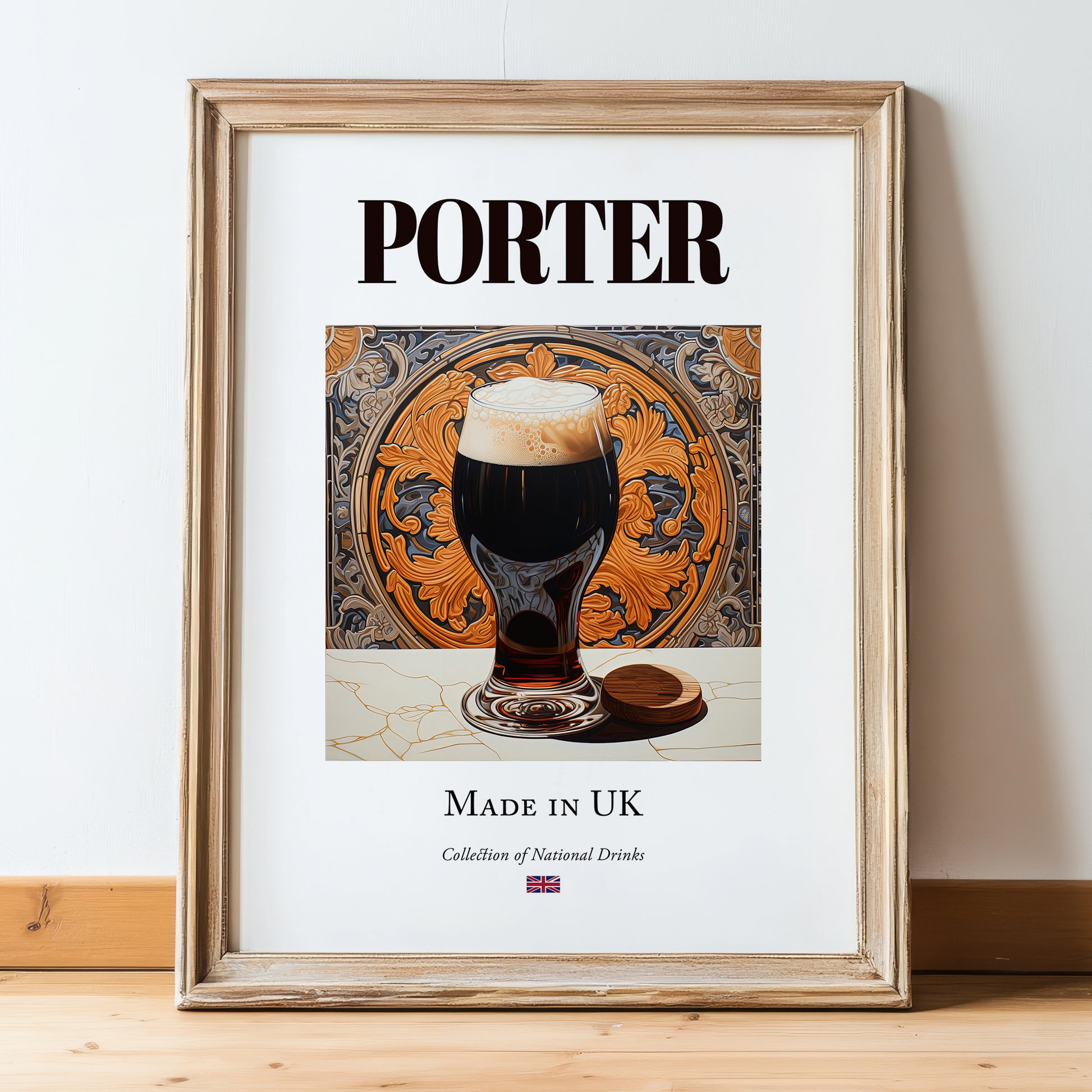 Porter – English Beer, Taproom Poster, in wooden frame leaning on the floor