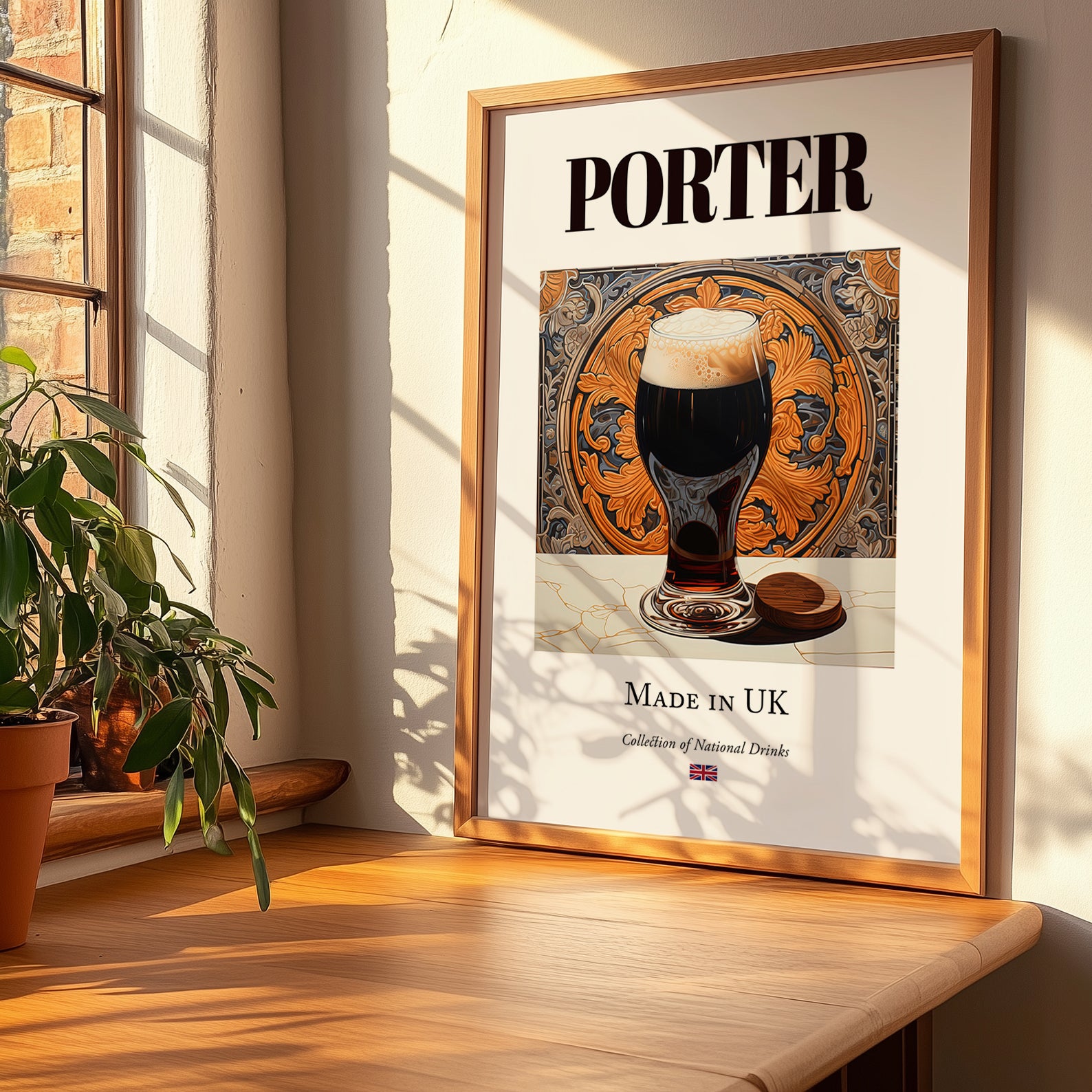 Porter – English Beer, Taproom Poster, no-text version framed in wood