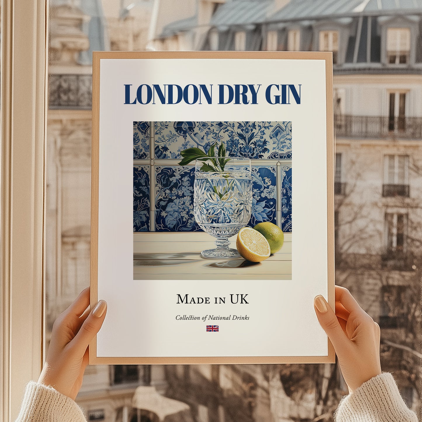 London Dry Gin – English Spirit Drink, Rooftop Terrace Illustration, styled in a charming Paris street view