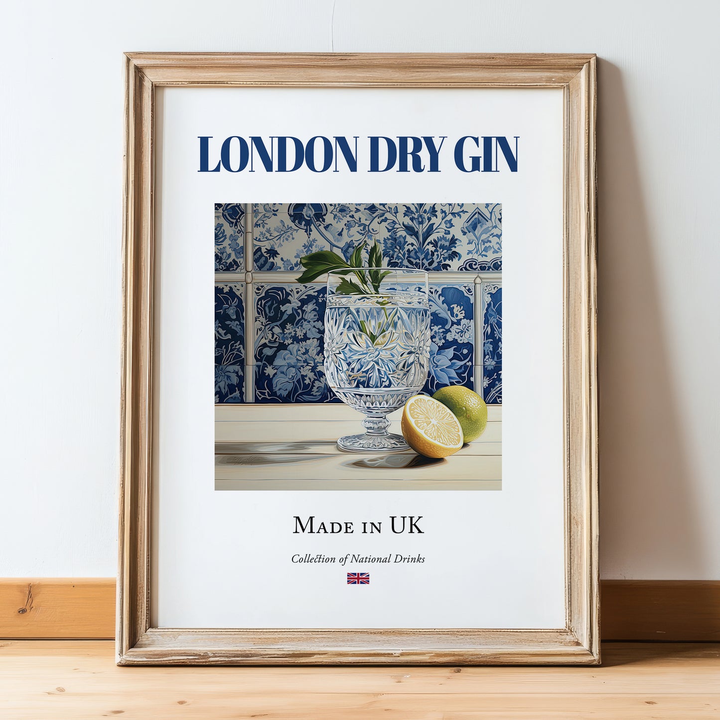 London Dry Gin – English Spirit Drink, Rooftop Terrace Illustration, in wooden frame leaning on the floor