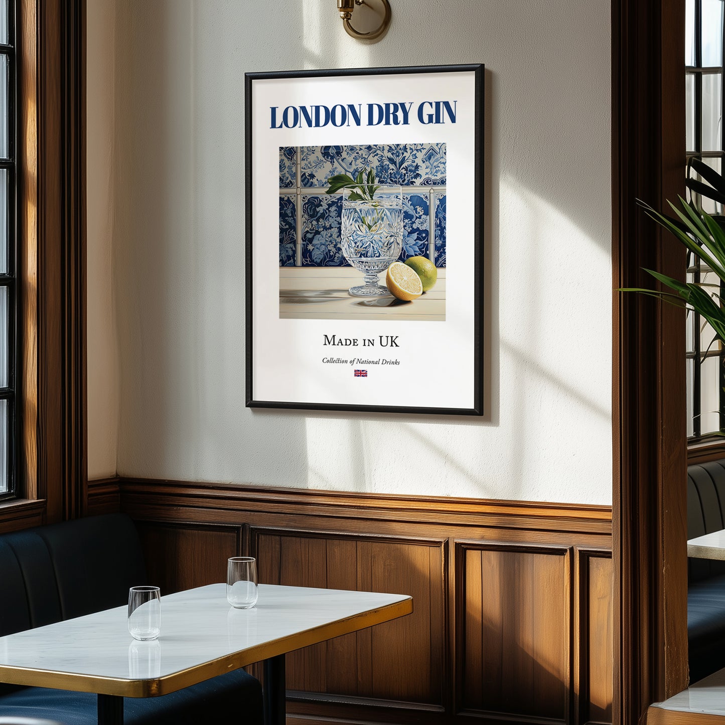 London Dry Gin – English Spirit Drink, Rooftop Terrace Illustration, clean layout with no caption