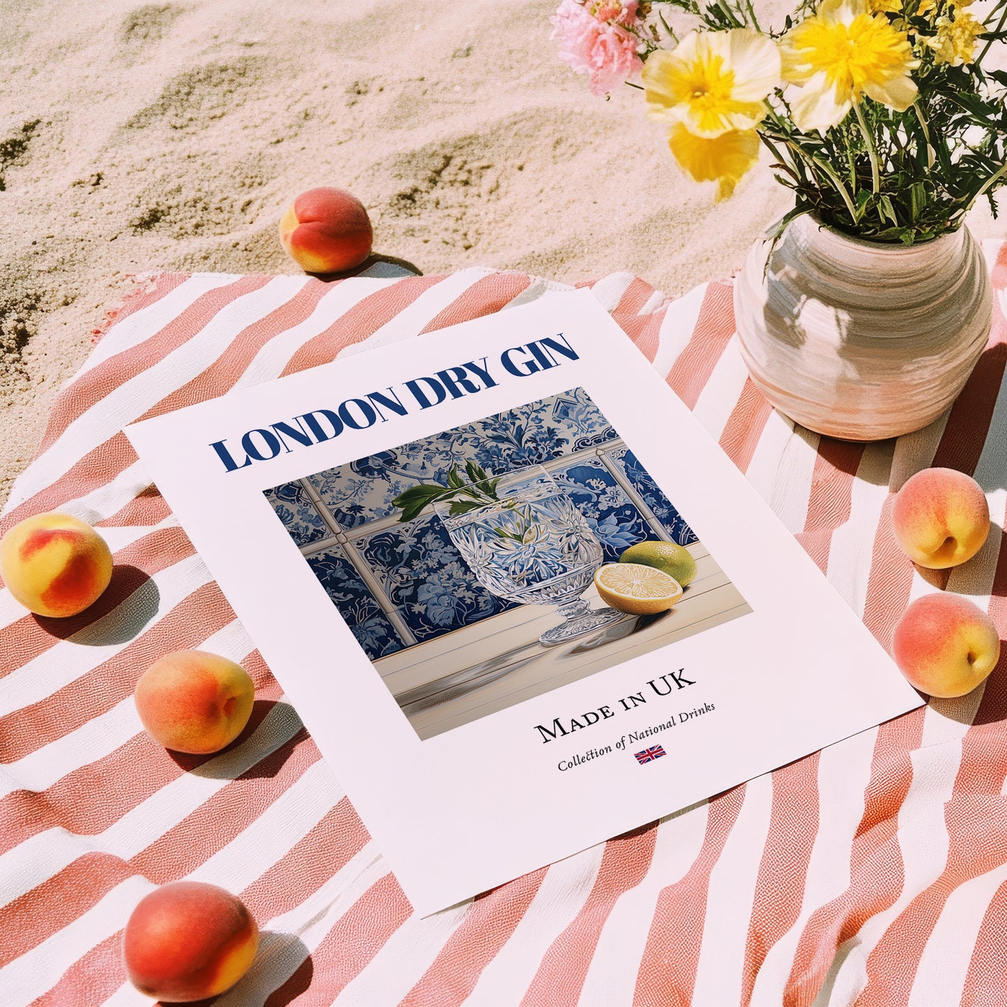 London Dry Gin – English Spirit Drink, Rooftop Terrace Illustration, unframed on coastal sand