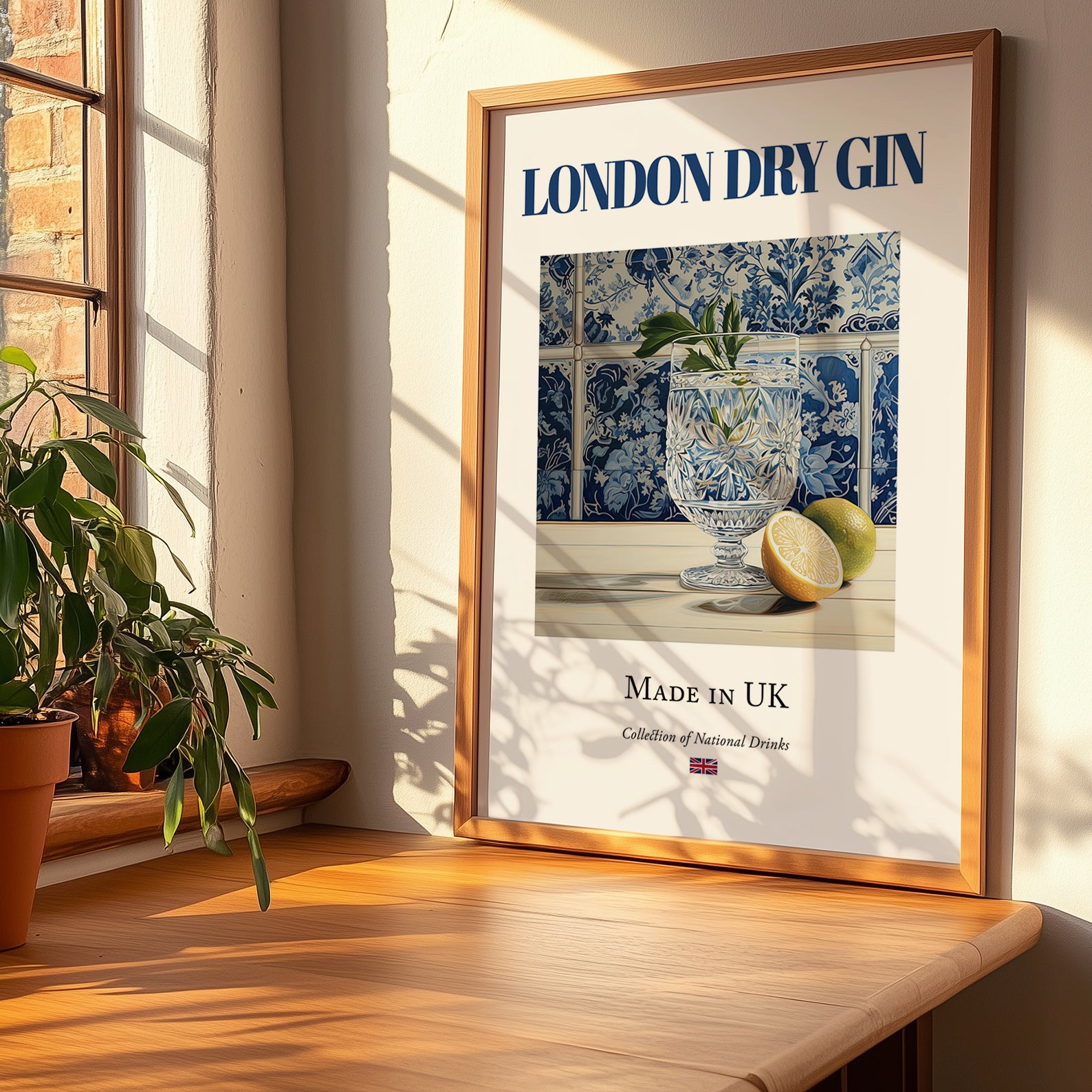 London Dry Gin – English Spirit Drink, Rooftop Terrace Illustration, no-text version framed in wood