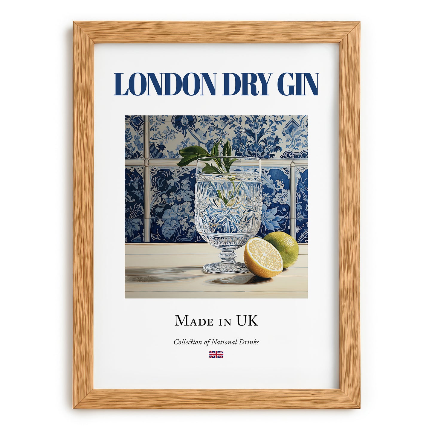 London Dry Gin – English Spirit Drink, Rooftop Terrace Illustration, set in oak frame