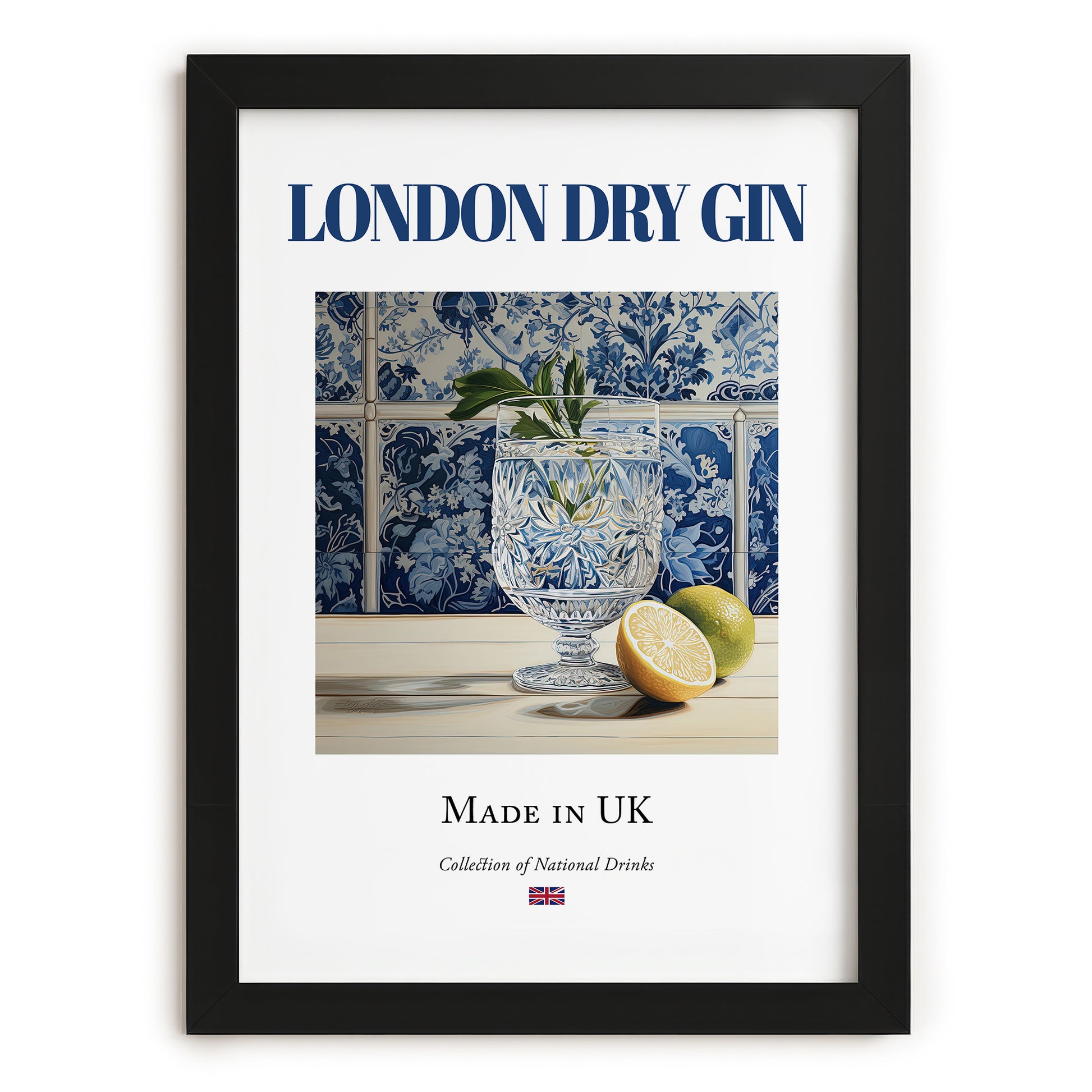 London Dry Gin – English Spirit Drink, Rooftop Terrace Illustration, in sleek black frame