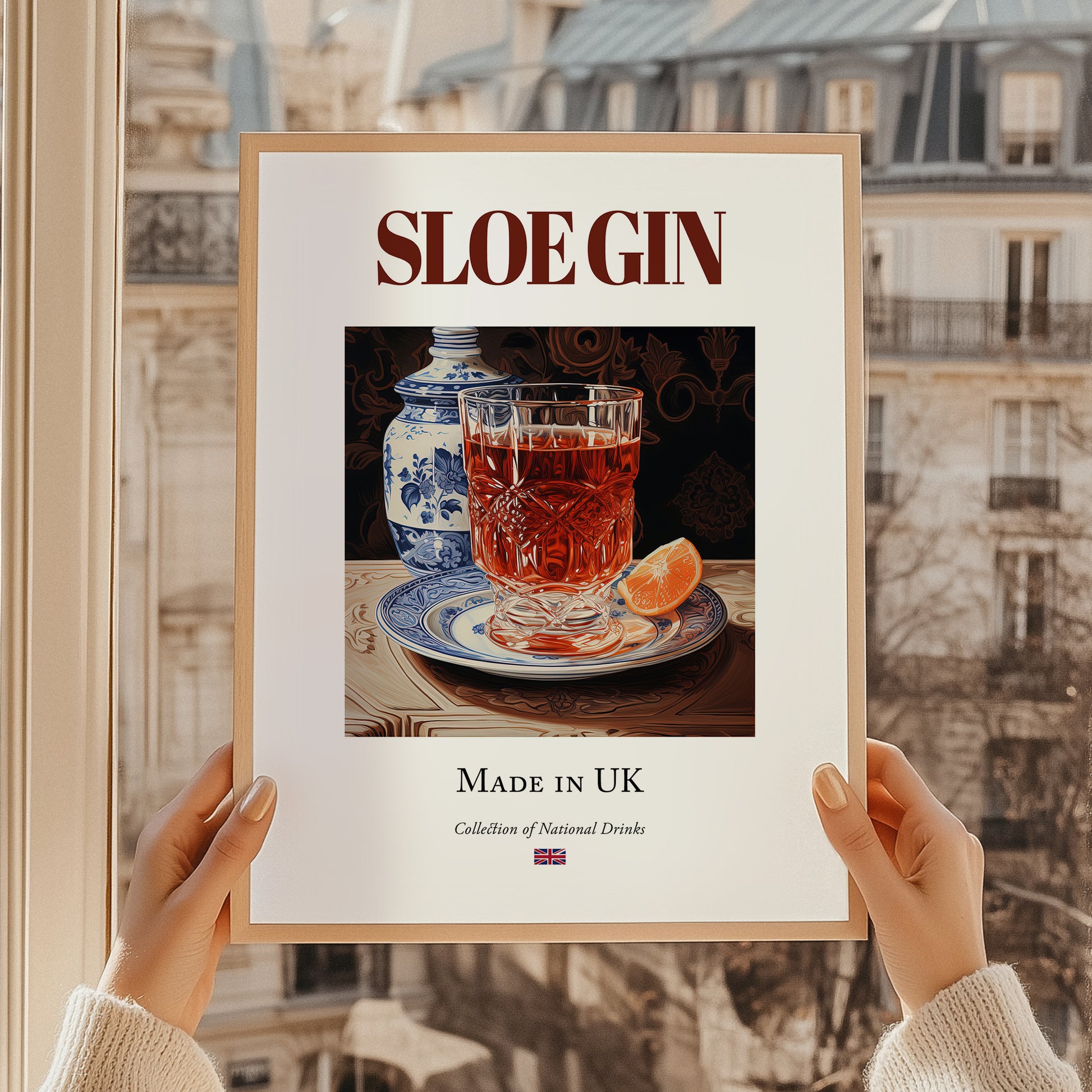Sloe Gin – English Spirit Drink, Sky Bar Poster, styled in a charming Paris street view