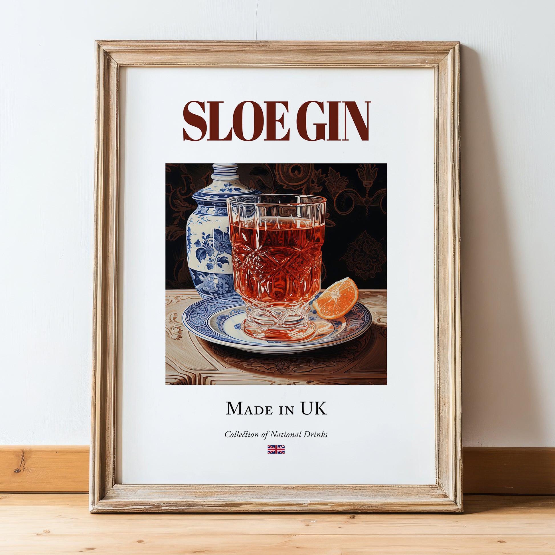 Sloe Gin – English Spirit Drink, Sky Bar Poster, in wooden frame leaning on the floor