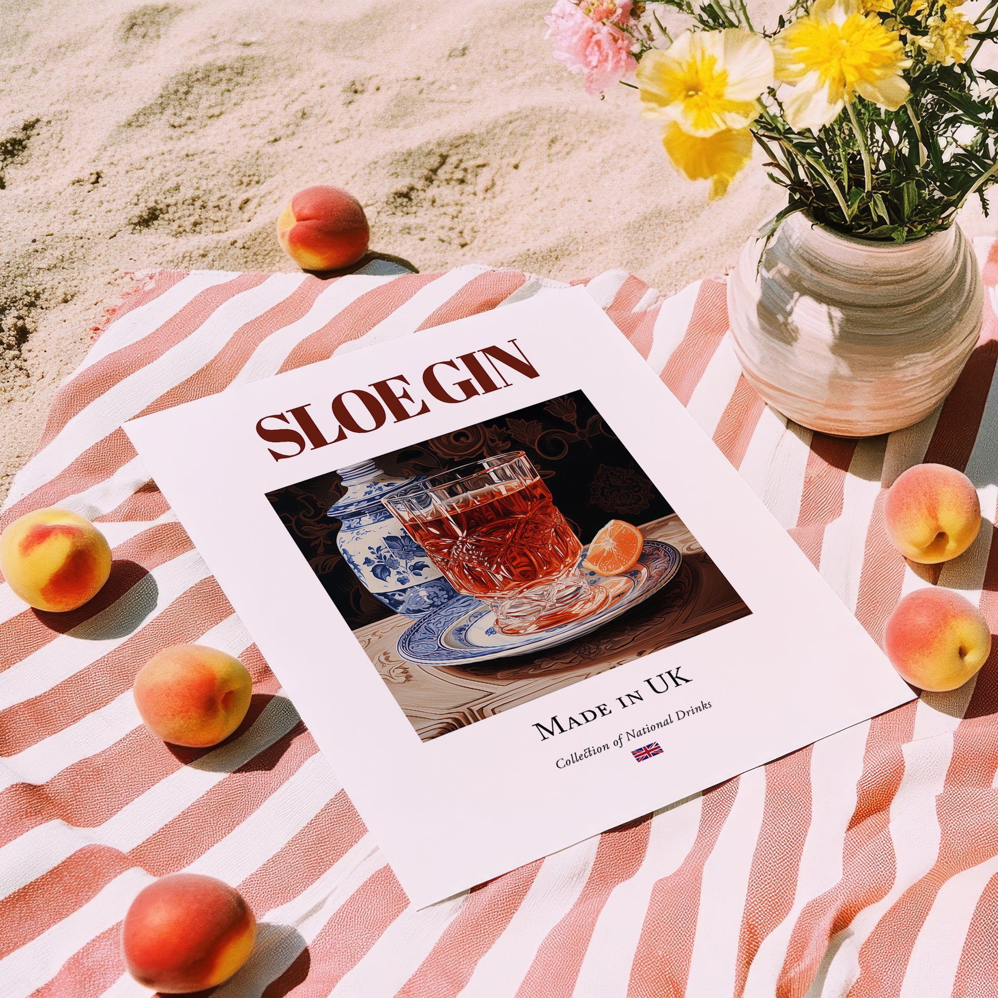 Sloe Gin – English Spirit Drink, Sky Bar Poster, unframed on coastal sand