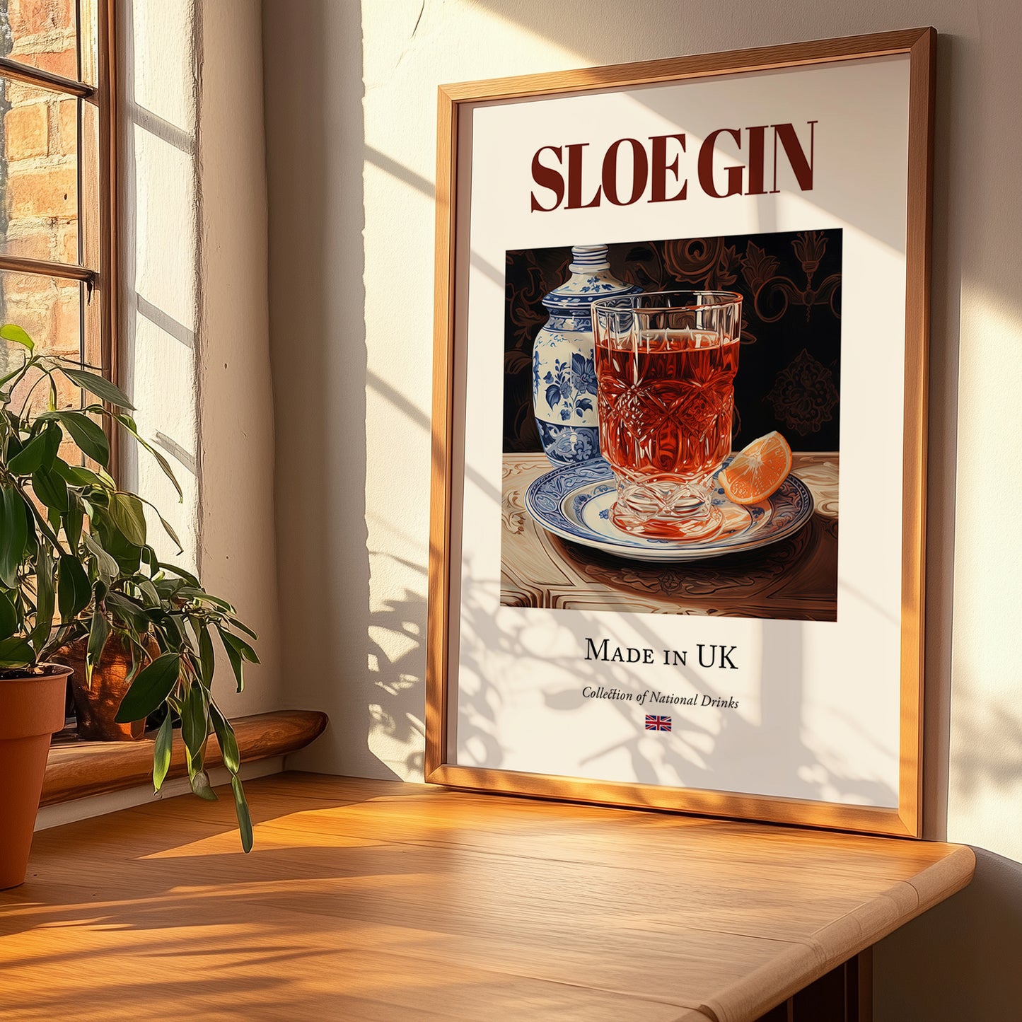 Sloe Gin – English Spirit Drink, Sky Bar Poster, no-text version framed in wood