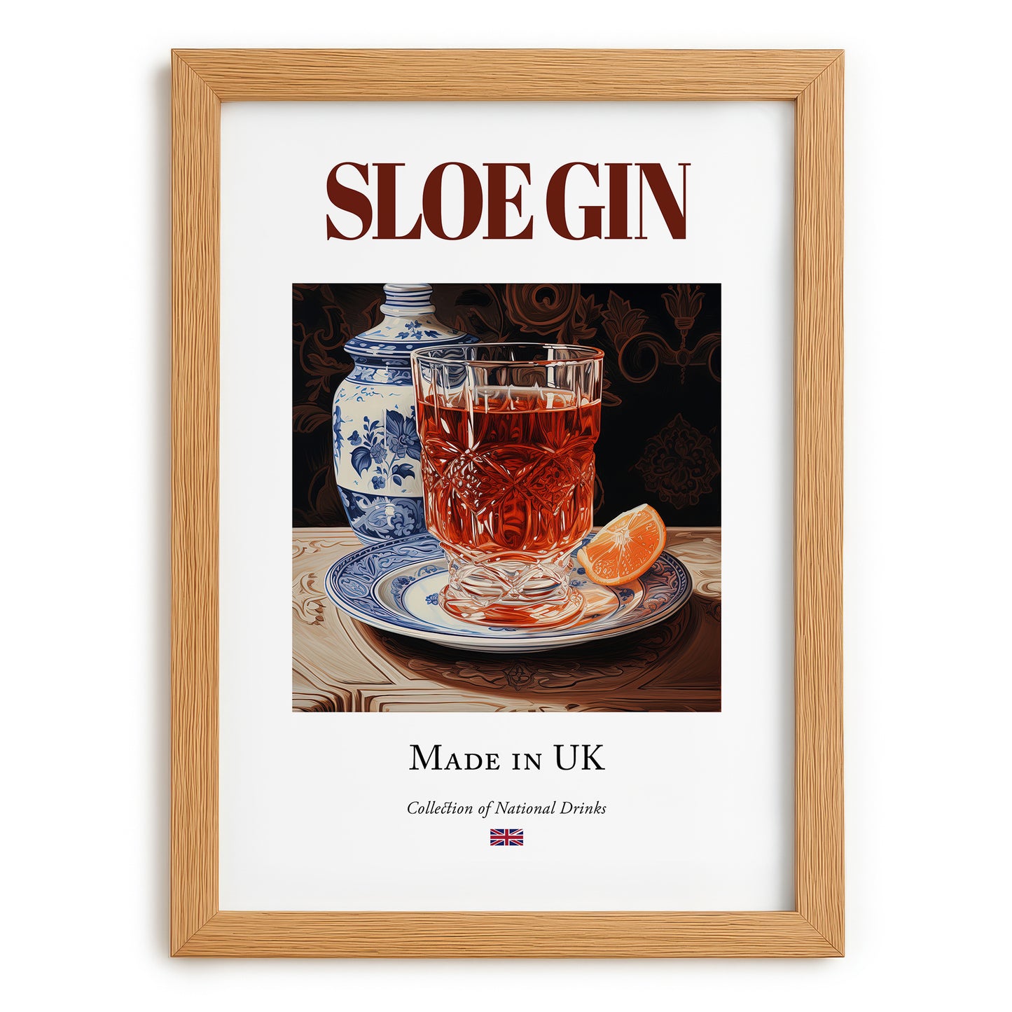 Sloe Gin – English Spirit Drink, Sky Bar Poster, set in oak frame