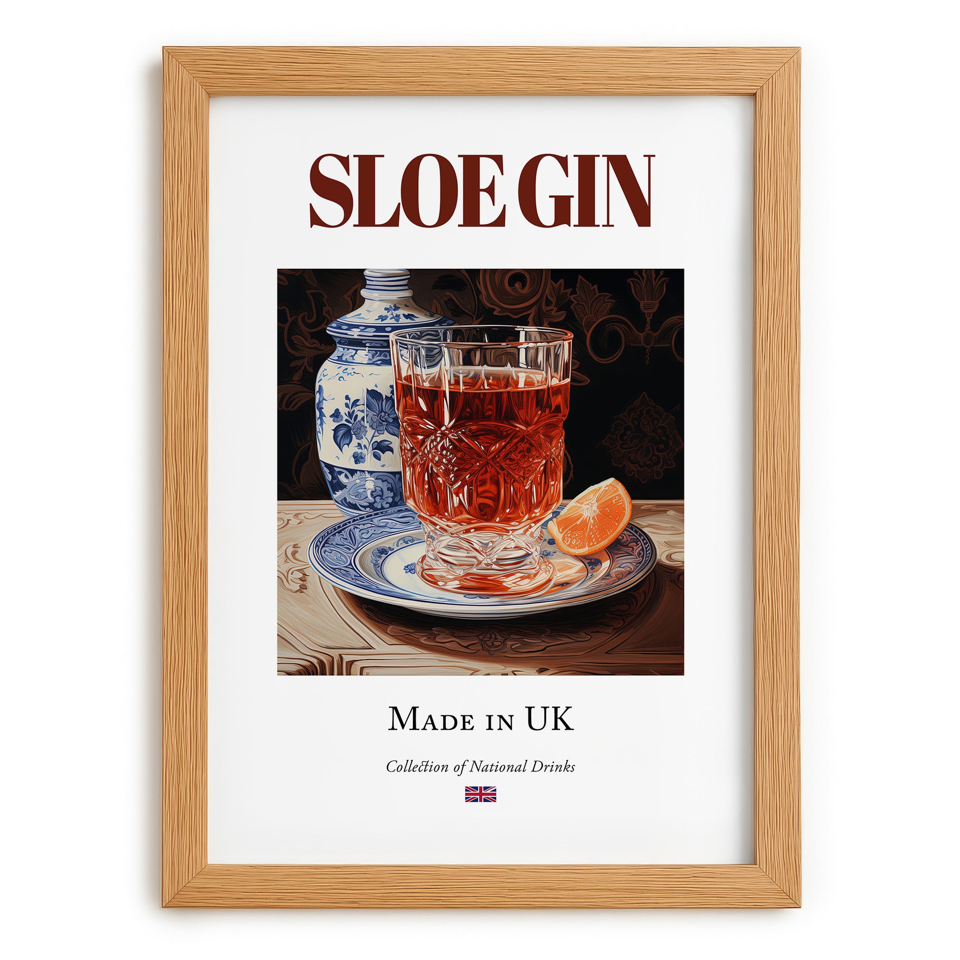 Sloe Gin – English Spirit Drink, Sky Bar Poster, set in oak frame