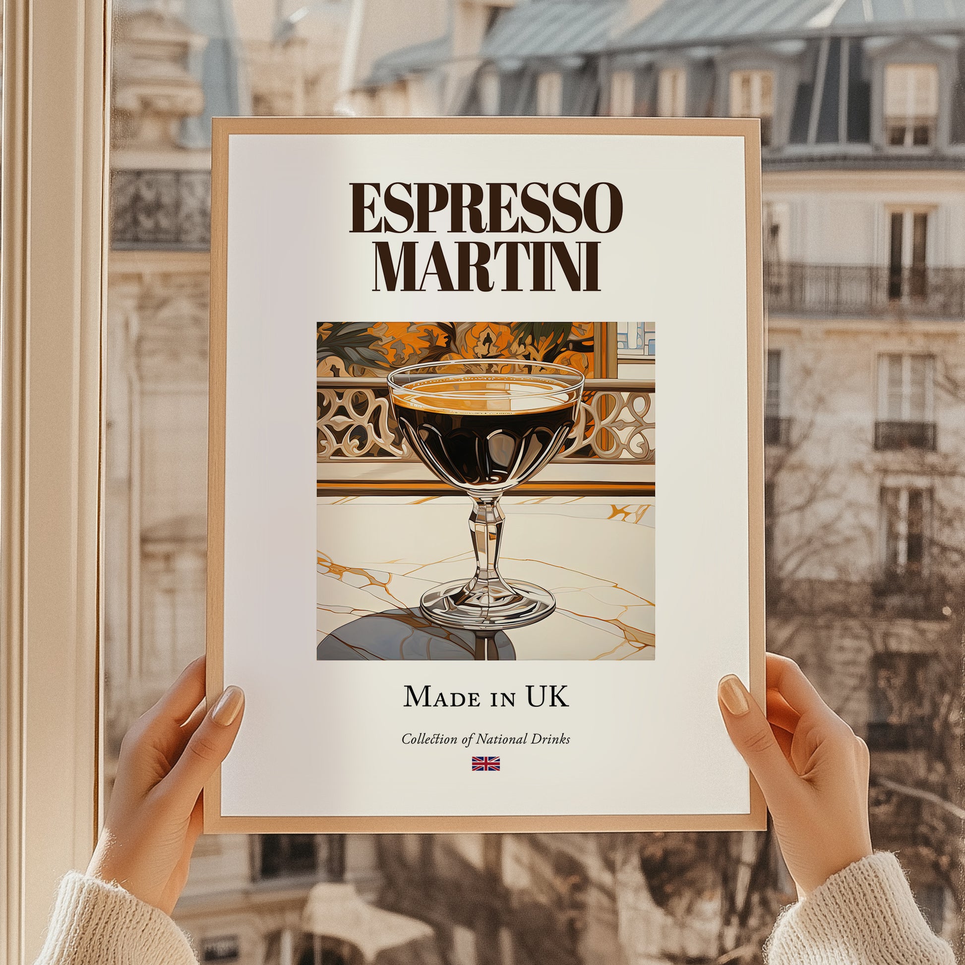 Espresso Martini – English Cocktail Drink, Cocktail Lounge Print, styled in a charming Paris street view